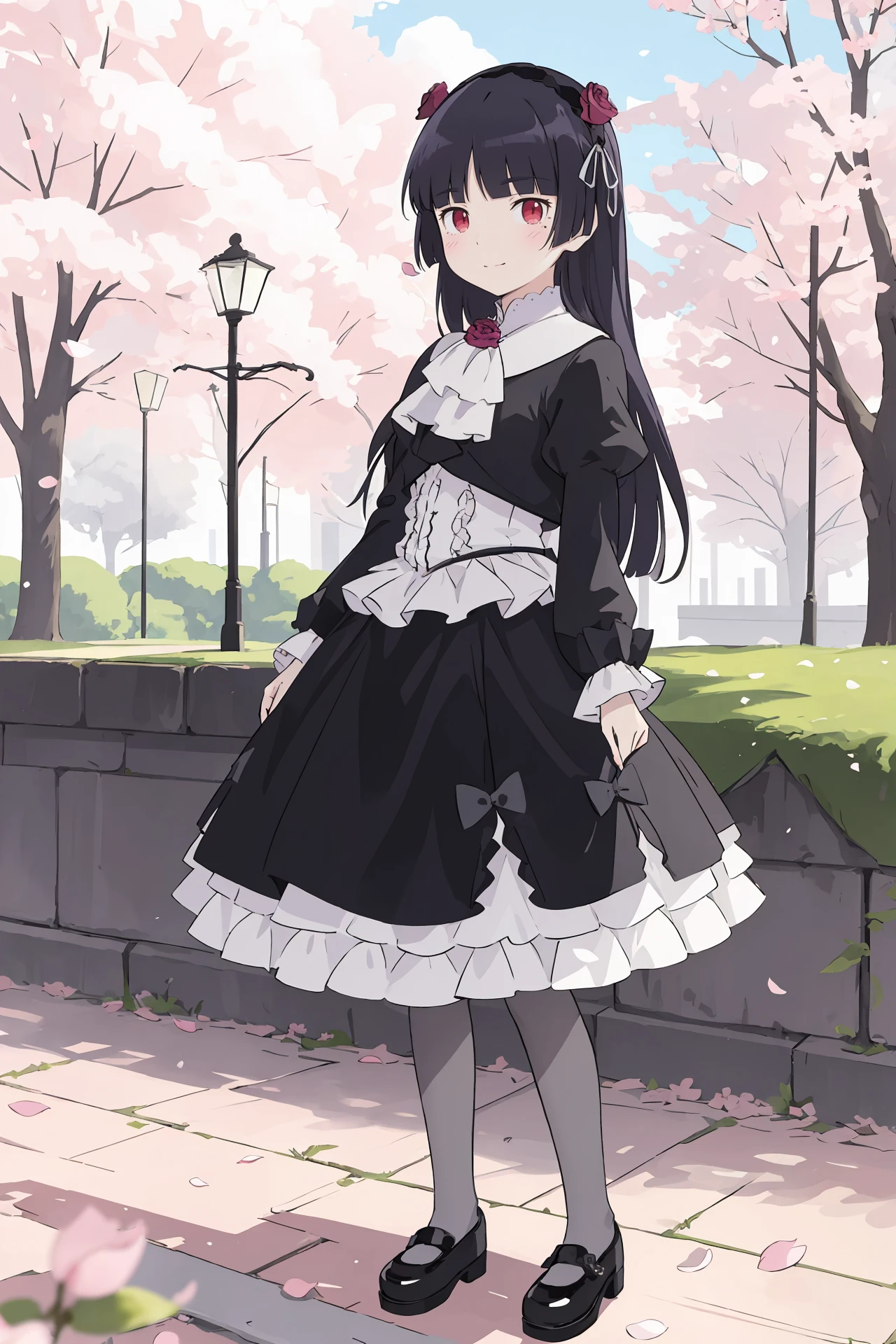 (best quality, masterpiece:1.2), <lora:Char-Gokou_Ruri-V1-SD1.5:0.9:hr=0.6>, 1girl, gokou ruri, red eyes, black flower hairband, solo, frilled ascot, flower brooch, black cropped jacket, white frilled shirt, black hoop skirt, petticoat, grey pantyhose, mary janes, crossed arms, looking at viewer, light smile, standing, contrapposto, full body, outdoors, street, cherry blossoms, petals, depth of field