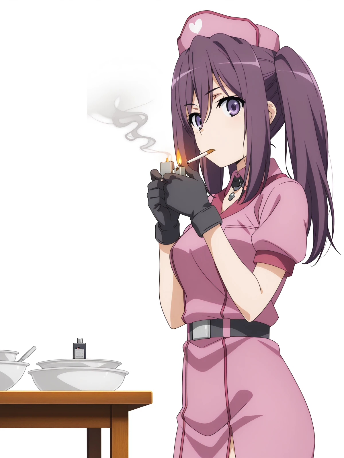 masterpiece, best quality, amazing quality,, <lora:mitori-kouzaka-s3-illustriousxl-lora-nochekaiser:1>, mitori kouzaka, long hair, twintails, purple eyes, purple hair, sidelocks, mature female, medium breasts, anime screencap,, thighhighs, gloves, hat, black gloves, nurse cap, nurse,, <lora:lighting-cigarette-illustriousxl-lora-nochekaiser:1>, lighting cigarette, lighter, holding lighter, cigarette, smoking, fire, smoke, holding, upper body, from side,, dining room, table, chairs, dishes, cutlery, cowboy shot, solo, looking at viewer, <lora:transparent-background-illustriousxl-lora-nochekaiser:1>, transparent background, simple background, white background