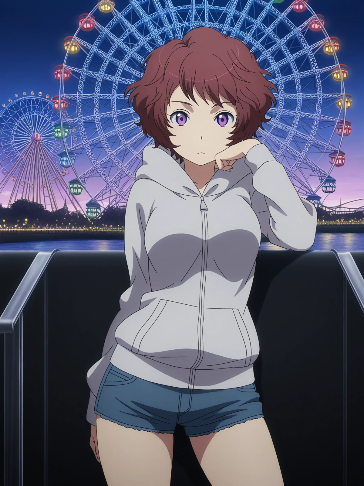 masterpiece, best quality, amazing quality,, <lora:rayet-areash-s1-illustriousxl-lora-nochekaiser:1>, rayet areash, short hair, brown hair, purple eyes, red hair, medium breasts, anime screencap,, hood, hoodie, shorts, denim shorts,, head rest, ferris wheel, lights, high, view, rotating, cowboy shot, solo, looking at viewer,