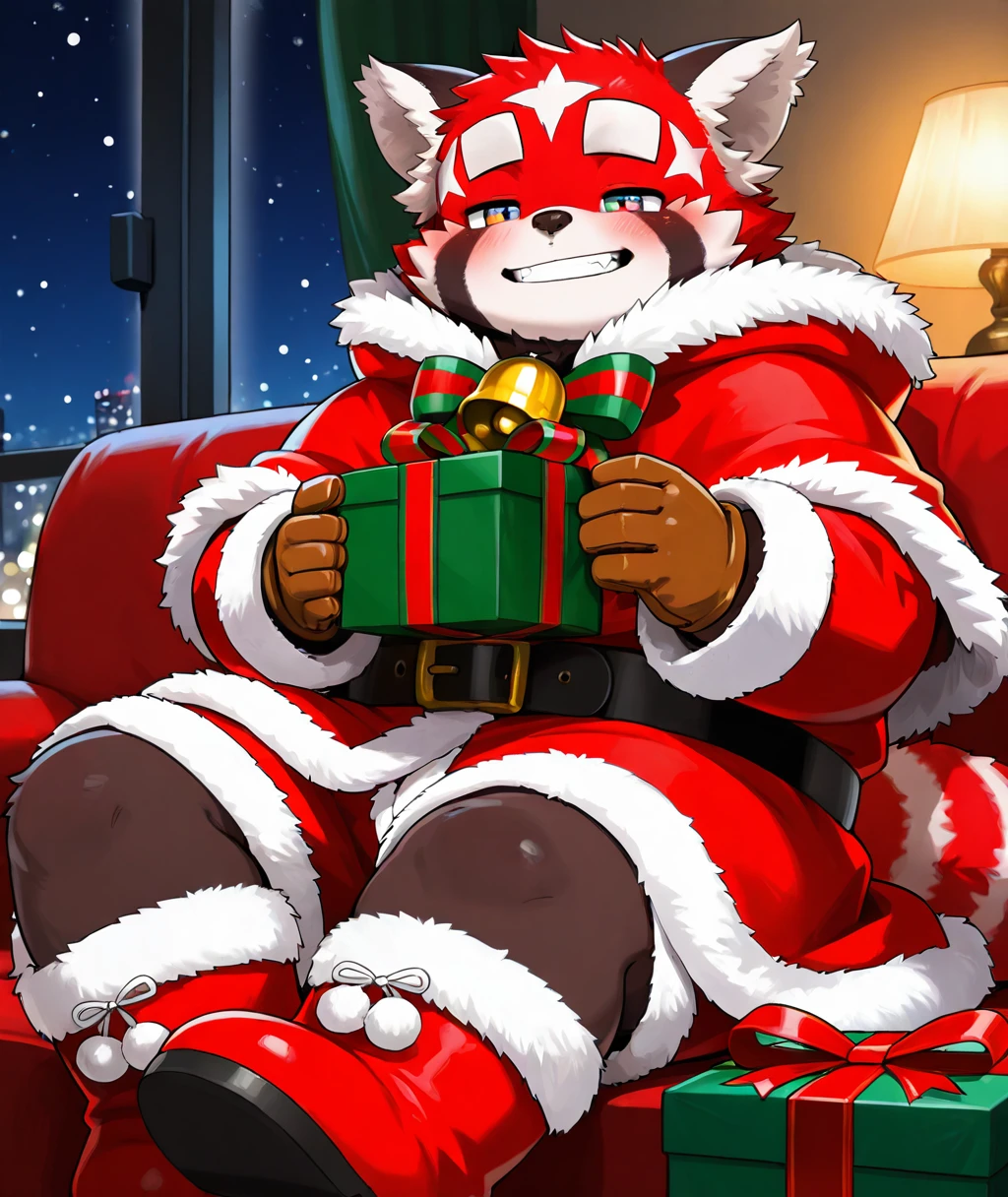best quality, masterpiece, amazing quality, absurdres, newest, highres, dreamlike atmosphere, dreamlike majestic, night, detailed, detailed color,
<lora:zhurong-v1-15:1> (tas-zhurongb, red_panda), 1boy, brown fur, chubby, young, aged_down:0.5, parted lips, chubby face,
, fur-trimmed_capelet, ((red coat, fur-trimmed_coat)), neck_bell, brown gloves, big belt, high_belt, red fur-trimmed shorts, red fur-trimmed_boots, indoors, night, dark, christmas, (oversized coat), sitting, gift box, santa costume, long sleeves, holding gift box, happy, half-closed eyes, santa costume,