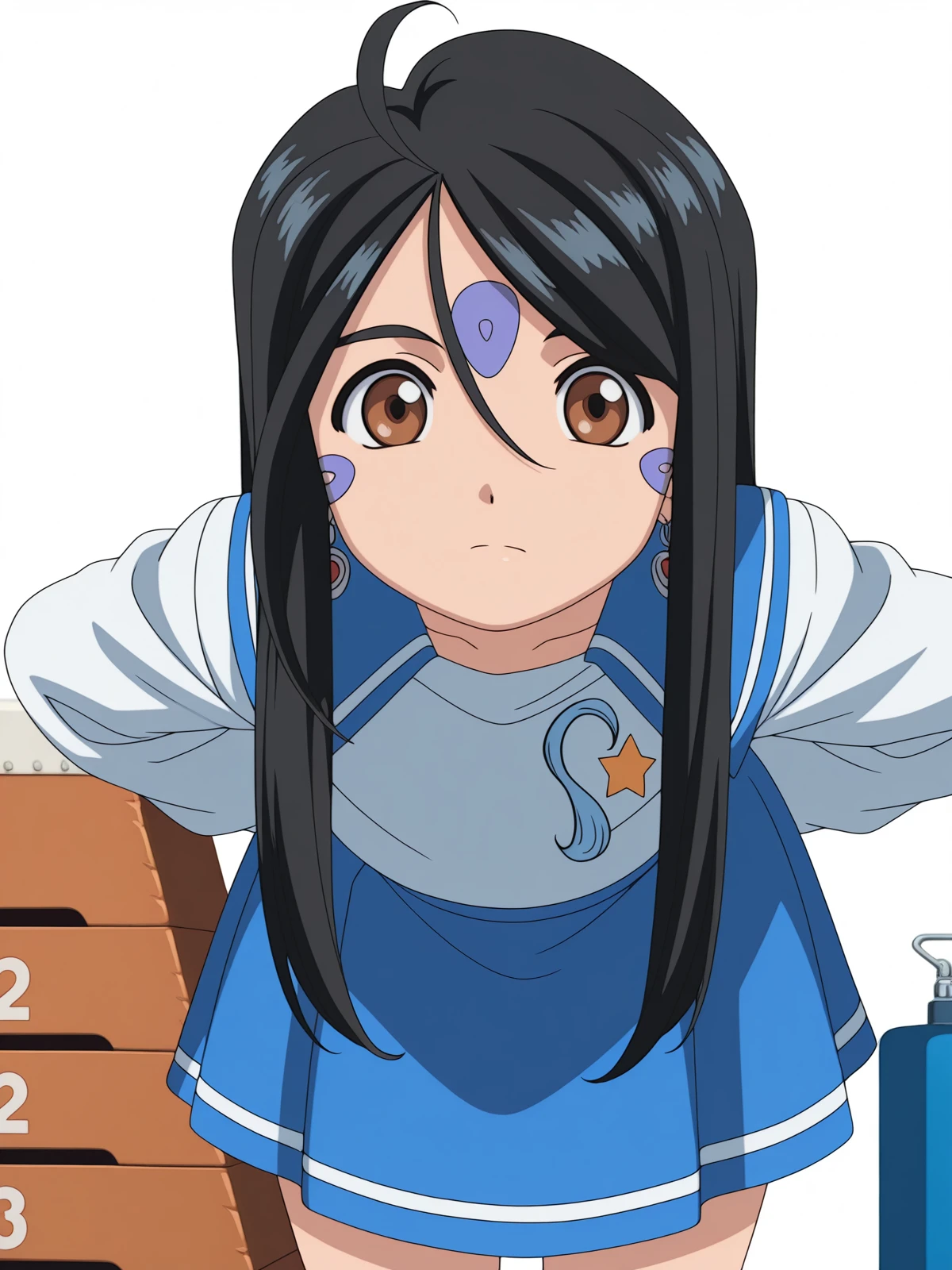 masterpiece, best quality, amazing quality,, <lora:skuld-s2-illustriousxl-lora-nochekaiser:1>, skuld, long hair, black hair, ahoge, facial mark, hair between eyes, brown eyes, anime screencap,,  serafuku, sailor collar, blue sailor collar, skirt, blue skirt, long sleeves,, hands behind back, bent over,, gym storeroom, equipment, supplies, cleaning, storage, cowboy shot, solo, looking at viewer, <lora:transparent-background-illustriousxl-lora-nochekaiser:1>, transparent background, simple background, white background