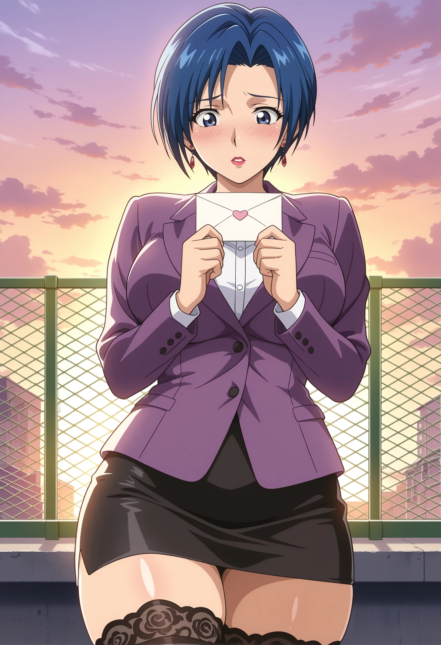 masterpiece, best quality, highres, absurdres, very awa, shiny skin, backlighting,
Aojika Mizuho, standing, cowboy shot, holding letter, love letter,
1girl, mature female, solo,
looking down, blush, parted lips, looking at letter, embarrassed,
blue hair, short hair, blue eyes, earrings, lipstick,
purple blazer, white shirt, black skirt, pencil skirt, black thighhighs, lace-trimmed legwear,
curvy, large breasts, thick thighs,
outdoors, evening, chain-link fence, on rooftop, cloudy sky,
<lora:Aojika Mizuho NoobAIXL EPS IL:1>