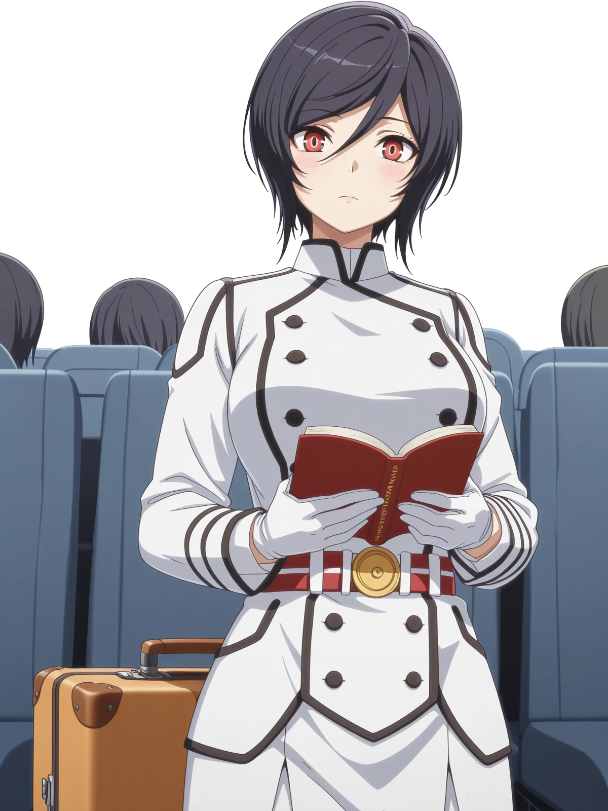 masterpiece, best quality, amazing quality,, <lora:akudama-apprentice-s1-illustriousxl-lora-nochekaiser:1>, apprentice, short hair, black hair, red eyes, hair between eyes, mature female, medium breasts, anime screencap, gloves, belt, white gloves, uniform, military, military uniform,, hands on stomach, blush,, airport, waiting area, suitcase, flight delayed, passengers, reading book, cowboy shot, solo, looking at viewer, <lora:transparent-background-illustriousxl-lora-nochekaiser:1>, transparent background, simple background, white background