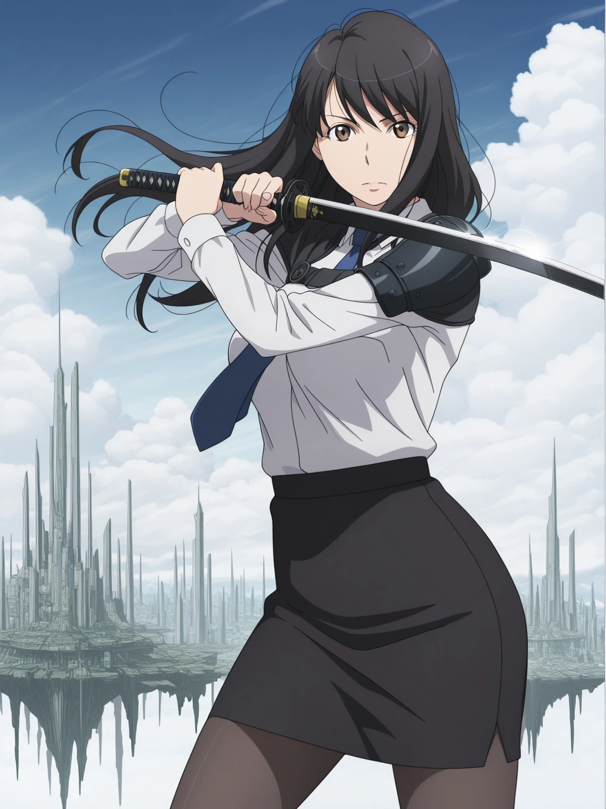 masterpiece, best quality, amazing quality,, <lora:yuki-kaizuka-s1-illustriousxl-lora-nochekaiser:1>, yuki kaizuka, long hair, black hair, brown eyes, mature female, medium breasts, anime screencap,, skirt, pantyhose, necktie, pencil skirt, long sleeves, collared shirt,, <lora:sword-guard-stance-illustriousxl-lora-nochekaiser:1>, sword guard stance, sword, weapon, solo, katana, holding, holding weapon, holding sword, looking at viewer, cowboy shot,, floating city, sky, futuristic, architecture, clouds, cowboy shot, solo, looking at viewer,