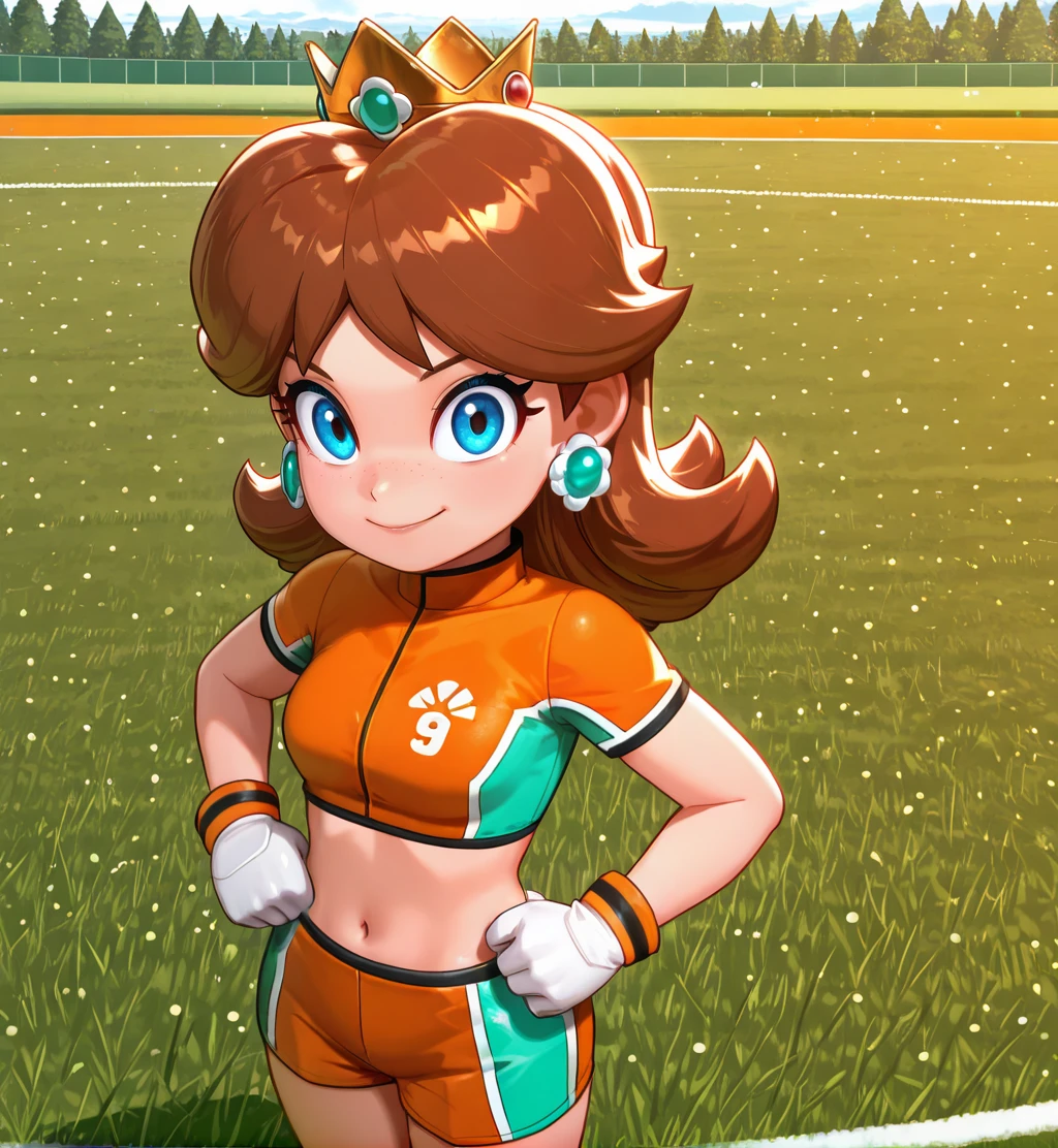 disymsxl, brown hair, blue eyes, smile,
earrings, crown,
orange crop top, turtleneck, 9, teal trim,
shorts, waistband, gloves,
looking at viewer, hands on hips, clenched hands,
soccer field, outdoors,
clear composition, atmospheric haze,
(insanely detailed, masterpiece, best quality),
<lora:DaisyMSXL:1>,