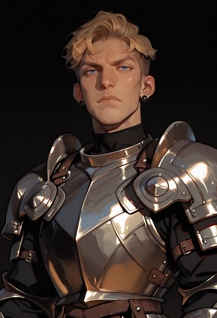 very awa, masterpiece, best quality, absurdres, newest, perfect quality, detailed background, intricate details
<lora:ILOCBlnG:1.0>
OCBlnG, 1boy, male focus, short hair, blonde hair, undercut, blue eyes, earrings, male focus, monochrome, shoulder armor, greyscale, breastplate, closed mouth, realistic, black background, serious