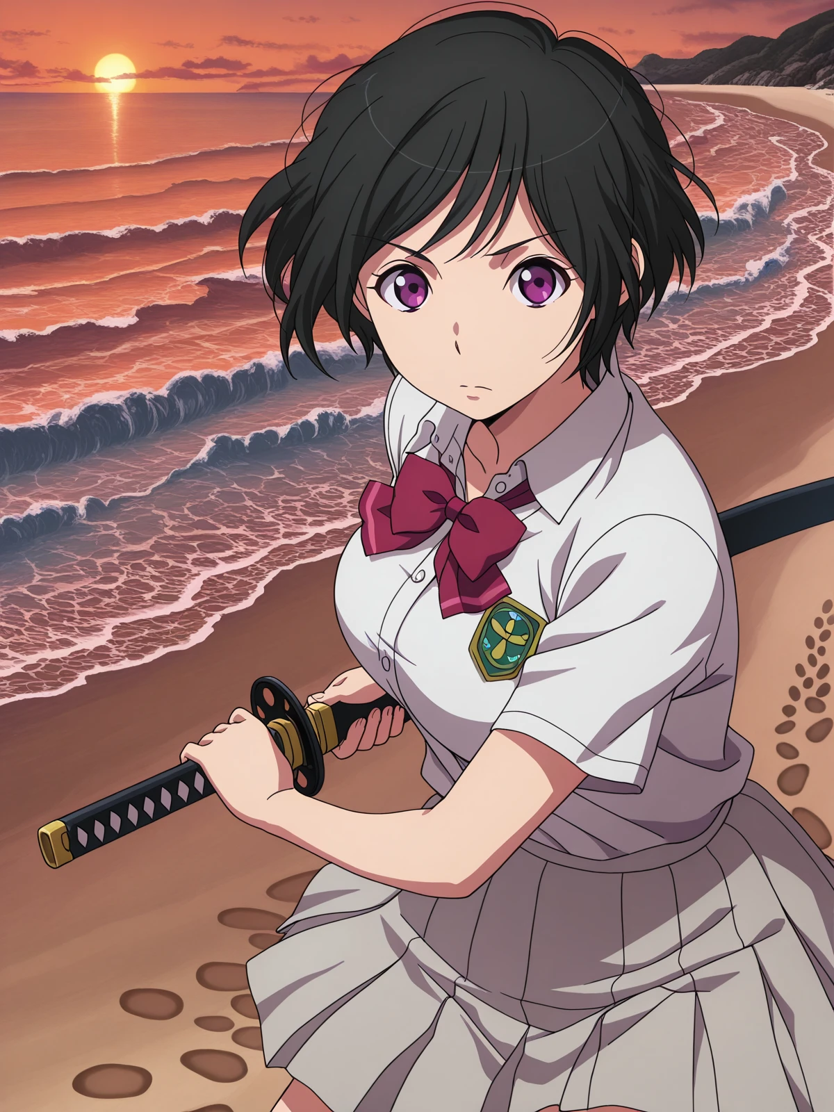 masterpiece, best quality, amazing quality,, <lora:inko-amifumi-s1-illustriousxl-lora-nochekaiser:1>, inko amifumi, short hair, black hair, purple eyes, mature female, medium breasts, anime screencap,, skirt, shirt, bow, white shirt, short sleeves, pleated skirt, bowtie, red bow, dress shirt, grey skirt, <lora:battoujutsu-stance-illustriousxl-lora-nochekaiser:1>, battoujutsu stance, looking at viewer, holding, weapon, sword, holding weapon, holding sword, standing, katana, sheath, sheathed, fighting stance, ready to draw, beach, sunset, walking along shore, footprints in sand, waves, peaceful, cowboy shot, solo, looking at viewer,