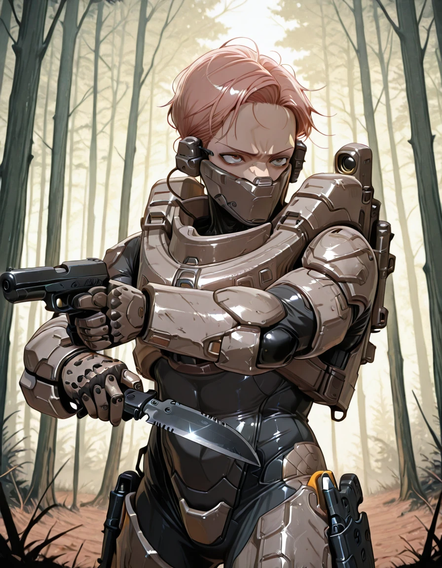 score_9, score_8_up, score_7_up, linda-058, armor, bodysuit, forest, serious face, short hairs, holding weapon, upper body, pistol, tactical knife
