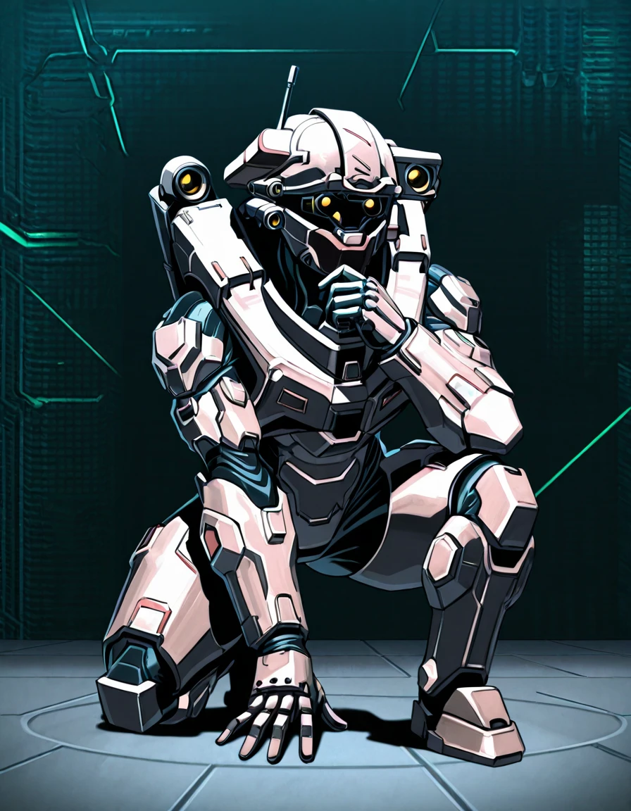 score_9, score_8_up, score_7_up, linda-058, armor, bodysuit, helmet, standing, sci-fi background, on one knee, hand up, hand on ground, solo