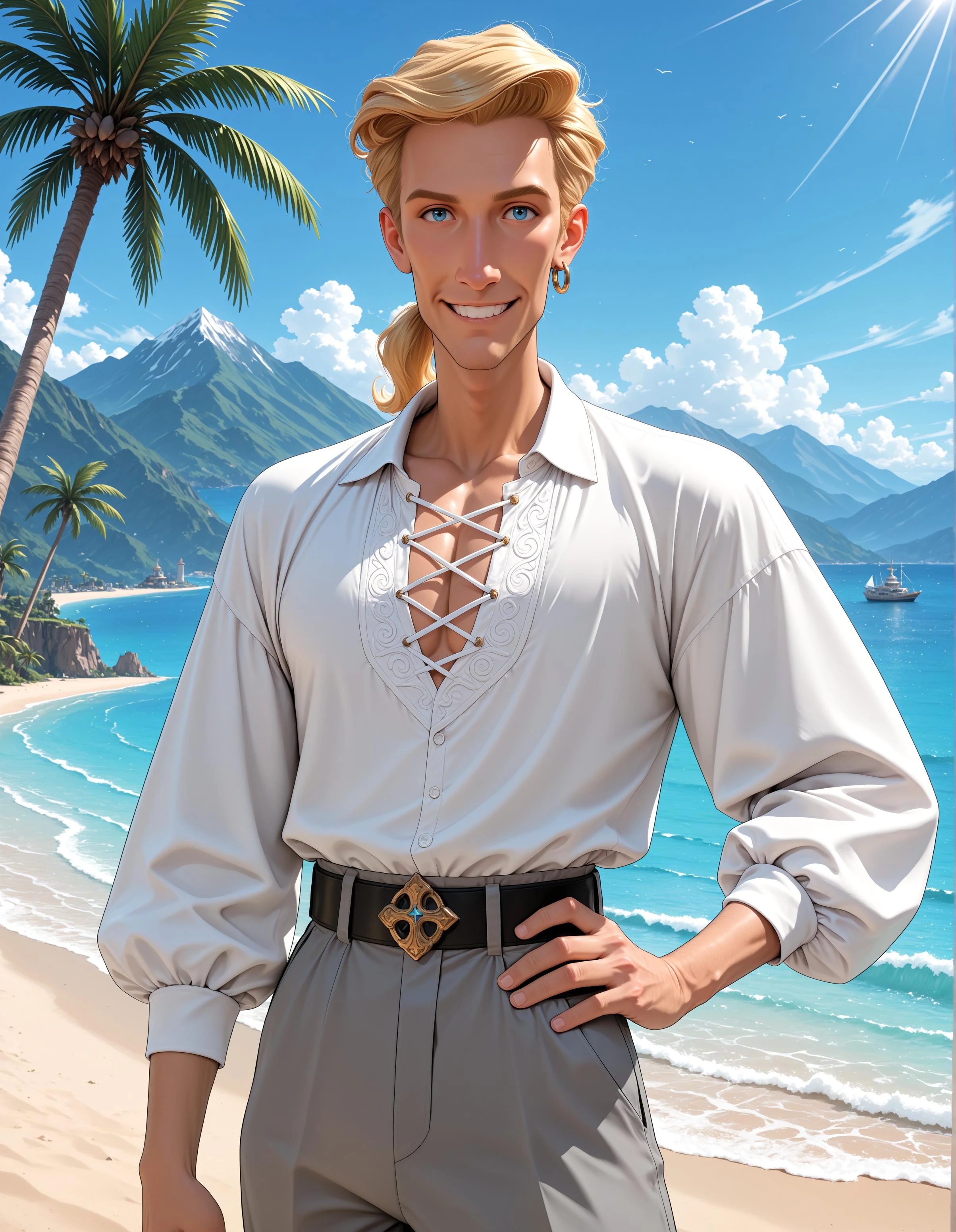 masterpiece, best quality, highres, absurdres, incredibly absurdres, guybrush, 1boy, solo, blonde hair, blue eyes, ponytail, smile, hoop earrings, single earring, white shirt, cross-laced top, puffy sleeves, shirt tucked in, grey pants, upper body, standing, hand on own hip, looking at viewer, outdoors, island, tropical, day, blue sky, mountainous horizon, ocean, palm tree, complex exterior, absurdly detailed composition