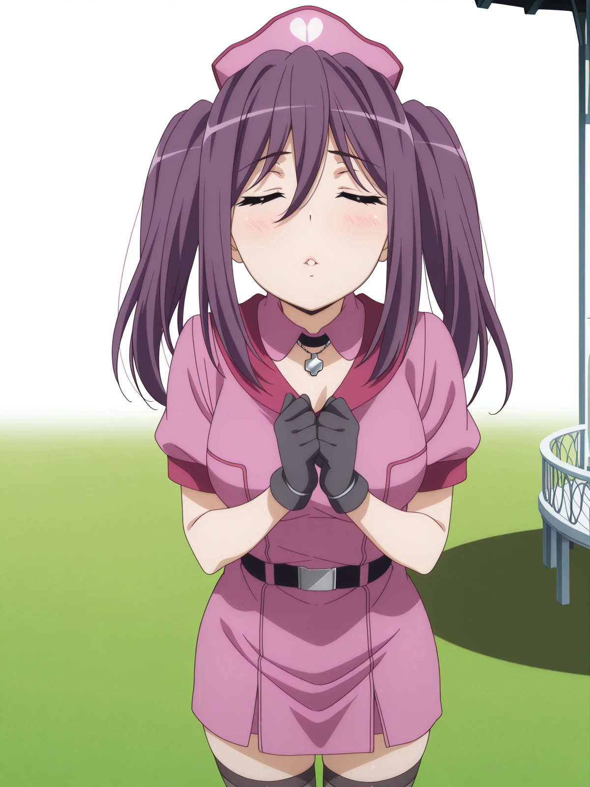 masterpiece, best quality, amazing quality,, <lora:mitori-kouzaka-s3-illustriousxl-lora-nochekaiser:1>, mitori kouzaka, long hair, twintails, purple eyes, purple hair, sidelocks, mature female, medium breasts, anime screencap,, thighhighs, gloves, hat, black gloves, nurse cap, nurse,, <lora:incoming-kiss-illustriousxl-lora-nochekaiser:1>, incoming kiss, closed eyes, blush, pov, upper body, gazebo, park, shelter, outdoors, wooden, cowboy shot, solo, looking at viewer, <lora:transparent-background-illustriousxl-lora-nochekaiser:1>, transparent background, simple background, white background