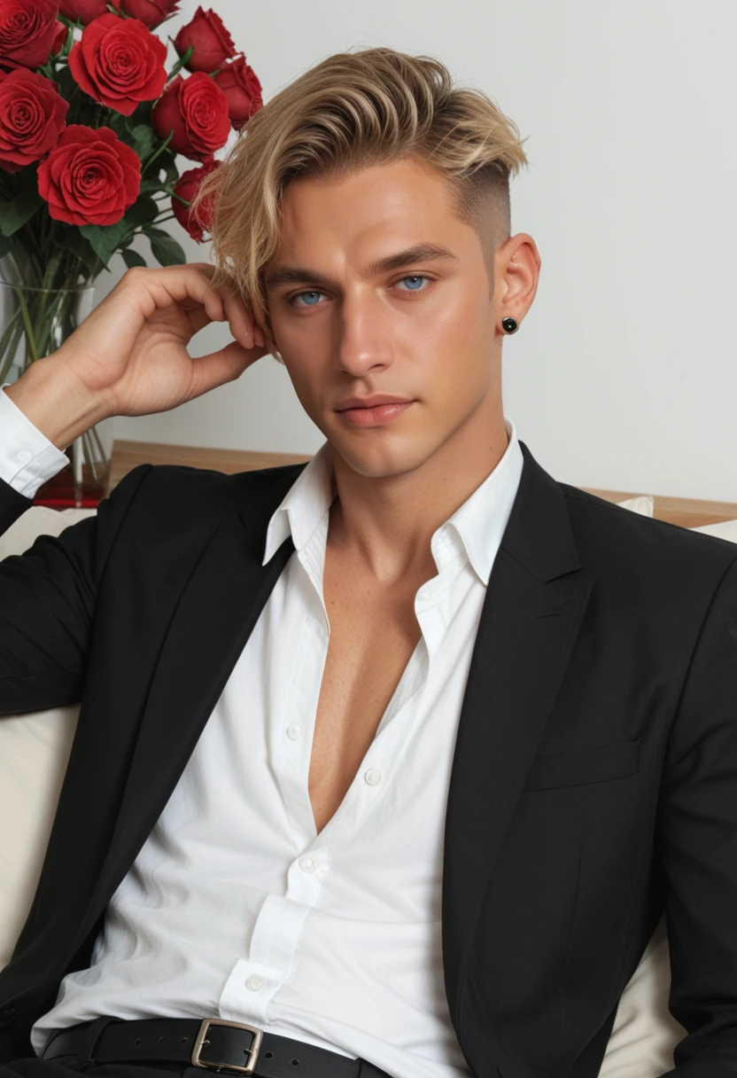 very awa, masterpiece, best quality, absurdres, newest, perfect quality, detailed background, intricate details
<lora:ILOCBlnG:1.0>
OCBlnG, 1boy, male focus, short hair, blonde hair, undercut, blue eyes, earrings, red flower, male focus, red rose, lying, white shirt, on back, long sleeves, rose petals, partially unbuttoned, black jacket, upper body, formal, open collar, black suit, bishounen, hand up, closed mouth, open clothes, open shirt, holding, unbuttoned shirt