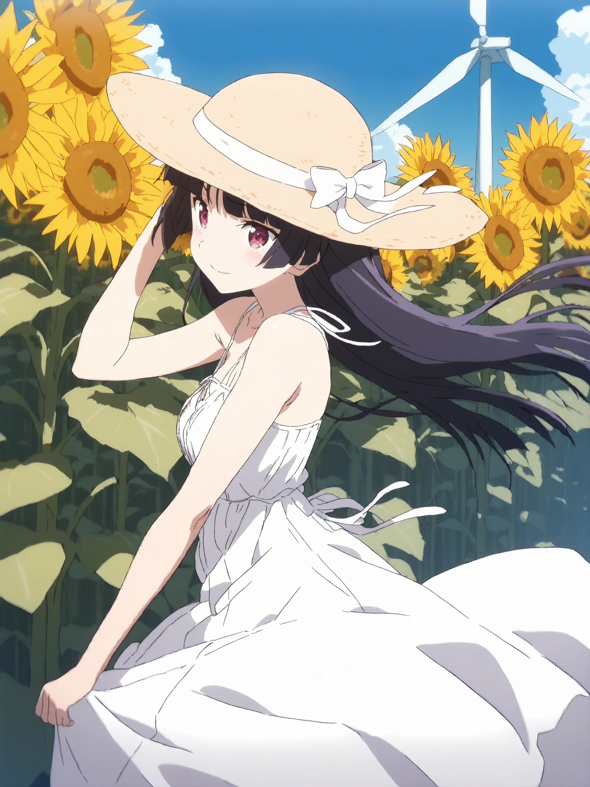 masterpiece, high score, great score, absurdres, anime screenshot, anime coloring, <lora:Char-Gokou_Ruri-V1-XL:1:hr=0.6>, 1girl, solo, gokou ruri, (white dress, sundress, chemise:1.2), floating hair, cheering, sunflower, outdoor, wind turbine, smile, sun hat, depth of field
