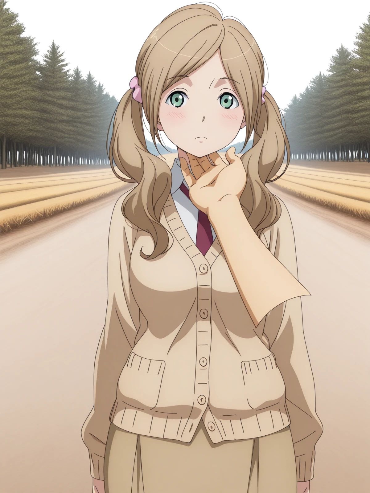 masterpiece, best quality, amazing quality,, <lora:nina-klein-s1-illustriousxl-lora-nochekaiser:1>, nina klein, long hair, brown hair, green eyes, twintails, scrunchie, mature female, medium breasts, anime screencap,, skirt, necktie, cardigan, necktie,, <lora:stroking-anothers-chin-pov-illustriousxl-lora-nochekaiser:1>, stroking another's chin pov, stronking another's chin, pov, pov hands, blush, cowboy shot, looking to the side,, bike ride, countryside, dirt road, trees, afternoon sun, peaceful, alone, cowboy shot, solo, looking at viewer, <lora:transparent-background-illustriousxl-lora-nochekaiser:1>, transparent background, simple background, white background