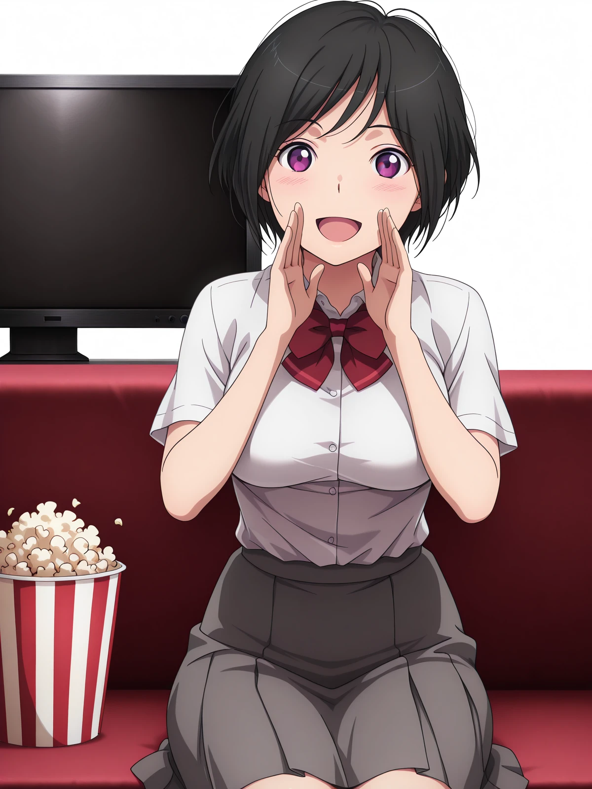 masterpiece, best quality, amazing quality,, <lora:inko-amifumi-s1-illustriousxl-lora-nochekaiser:1>, inko amifumi, short hair, black hair, purple eyes, mature female, medium breasts, anime screencap,, skirt, shirt, bow, white shirt, short sleeves, pleated skirt, bowtie, red bow, dress shirt, grey skirt, <lora:shouting-hand-to-own-mouth-illustriousxl-lora-nochekaiser:1>, shouting hand to own mouth, shouting, hand to own mouth, looking at viewer, smile, open mouth, blush,, living room, television, couch, popcorn, watching movie, night time, sitting, cowboy shot, solo, looking at viewer, <lora:transparent-background-illustriousxl-lora-nochekaiser:1>, transparent background, simple background, white background