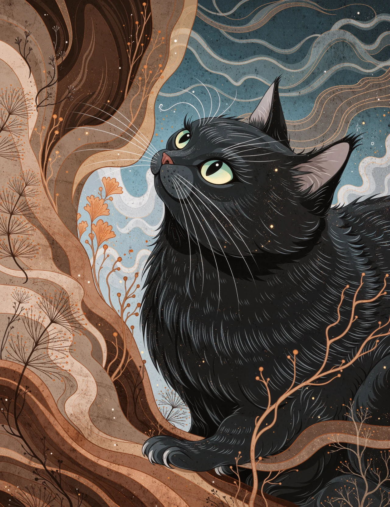 Whimsical, storybook-inspired folk art with flowing, dreamlike details. In a low-angle extreme close-up shot, a sleek black cat with a satin-smooth coat and fine whiskers looks upward, its bright green eyes gazing intently at something outside the frame. The cat's ears are perked up, and