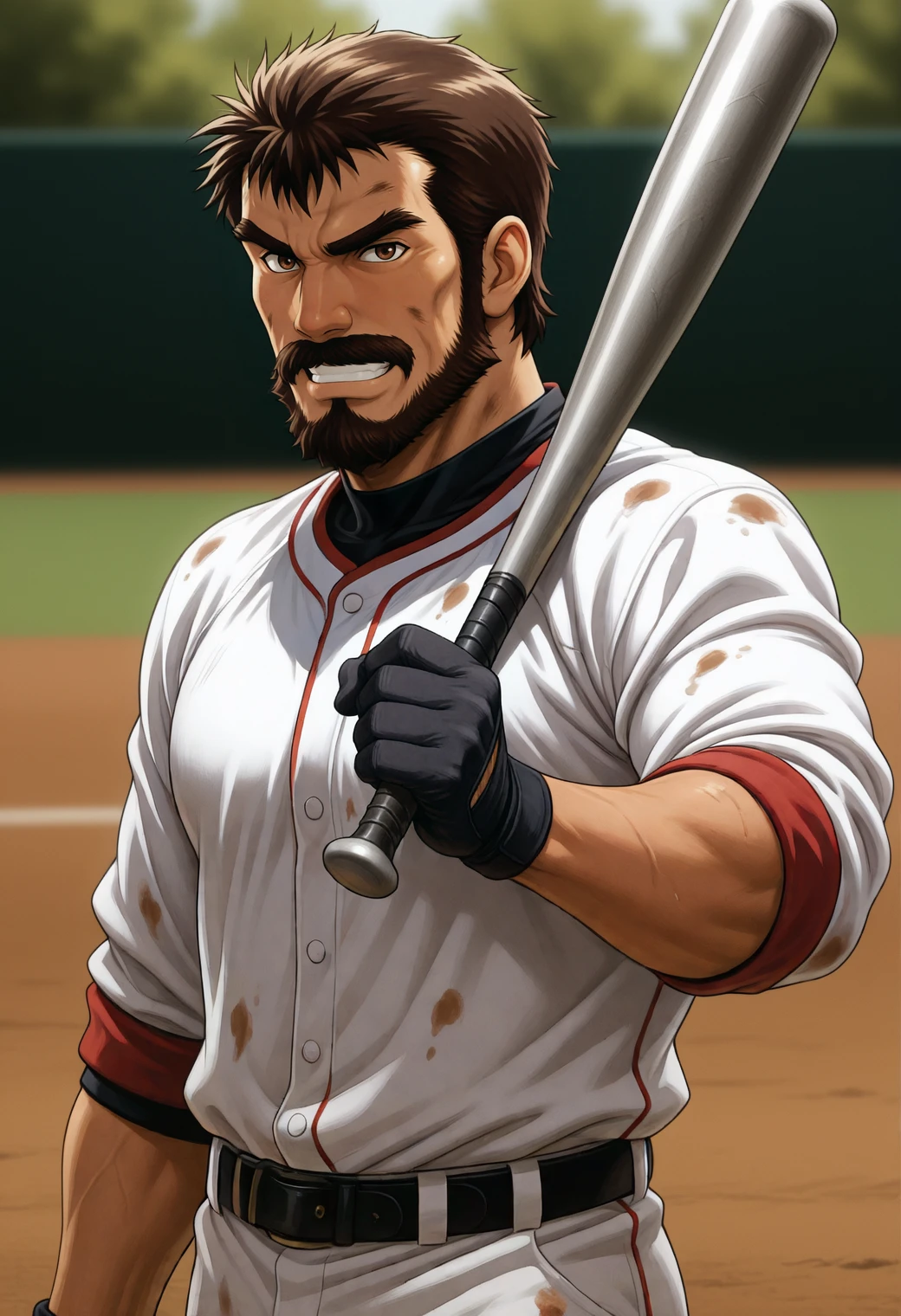 masterpiece,best quality,
anime coloring,anime screencap,
1boy,manly,bara,strongman waist,
g3r31nt,brown hair,short hair,full beard,mustache,thick eyebrows,brown eyes,
white shirt,two-tone shirt,red trim,long sleeves,sleeves rolled up,white pants,black belt,baseball uniform,black gloves,
holding baseball bat,metal baseball bat,over shoulder,
looking at viewer,grin,
(dirty face:0.8),(dirty clothes:0.8),
depth of field,blurry background,atmospheric perspective,
<lora:gereint_bg_NAI_EPS_1_1_CAME_v1_rev3:1>,âââ