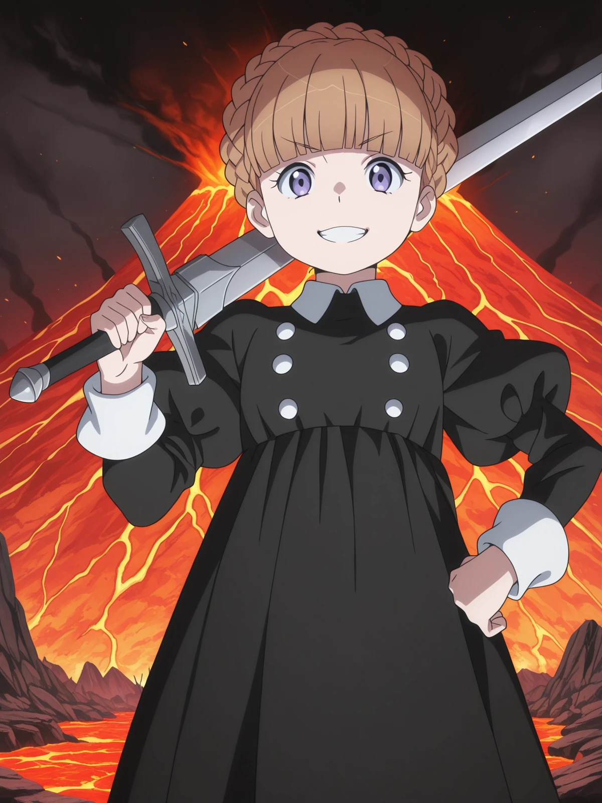 masterpiece, best quality, amazing quality,, <lora:eddelrittuo-s1-illustriousxl-lora-nochekaiser:1>, eddelrittuo, bangs, brown hair, purple eyes, braid, blunt bangs, anime screencap, long sleeves, dress, puffy sleeves, black dress, maid, <lora:sword-over-shoulder-illustriousxl-lora-nochekaiser:1>, sword over shoulder, weapon over shoulder, holding, holding sword, holding weapon, sword, hand on own hip, grin, looking at viewer,, volcano, lava, rock, fire, smoke, cowboy shot, solo, looking at viewer,