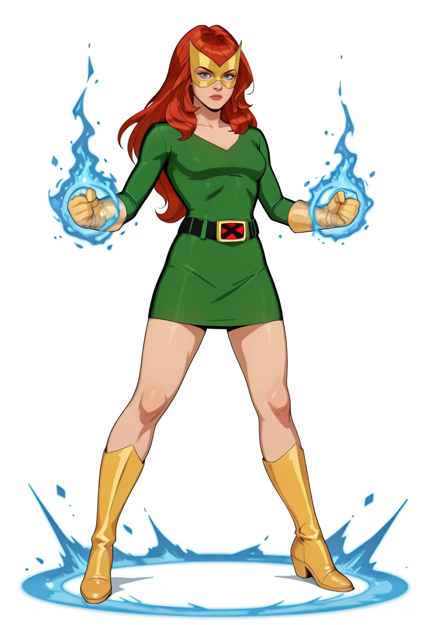 highres, absurdres, very aesthetic, masterpiece, perfect, best quality, perfect anatomy, 1girl, solo, jean grey, long hair, red hair, blue eyes, marvel girl, yellow gloves, belt, green bodysuit, breasts, short dress, yellow boots, yellow mask, <lora:marvel_girl_anime_v3:0.8>, retro artstyle, simple coloring, standing, blue magic, legs apart, looking at the viewer