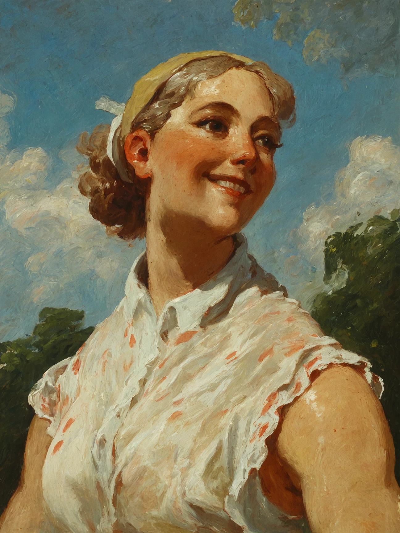 oil painting, traditional medium, score_9, score_8_up, score_7_up, rating_safe, 1girl, solo, smile, sleeveless shirt, nature, canvas texture, visible brushstrokes, loose brushwork, painterly, textural, artistic