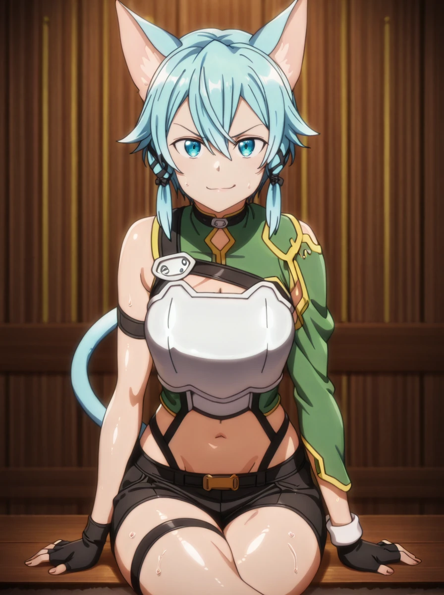 masterpiece, best quality, amazing quality, very aesthetic, absurdres, newest,shiny skin,anime screenshot, anime_coloring <lora:sinonSAO:1>sinonALO, 1girl, sinon, fairy (sao), cat ears, cat tail, breastplate, cat girl, armor, blue hair, short shorts blue eyes, navel, , thigh strap, black shorts, , short hair, midriff, gloves, hair ribbon, stomach, thick thighs single_sleeve sitting smirk, crossed legs, looking at viewer, shiny_clothes <lora:saimin.il:1>saimin solo oiled smirk,