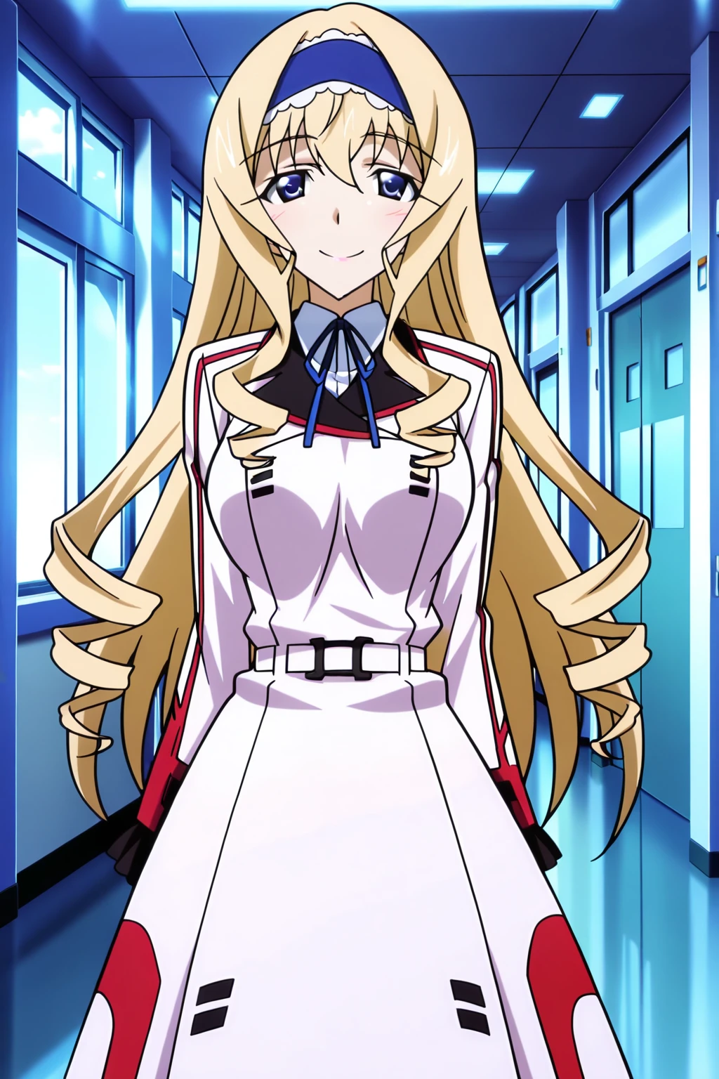anime screenshot, anime coloring, infinite stratos, cecilia alcott, 1girl, solo, blonde hair, long hair, drill hair, blue eyes, large breasts, infinite stratos academy school uniform, blue hairband, frilled hairband, white dress, long dress, white shirt, collared shirt, long sleeves, neck ribbon, blue ribbon, white belt, looking at viewer, smile, cowboy shot, indoors, hallway, masterpiece, best quality, high quality, highres, absurdres, <lora:cecilia_alcott_ILXL:0.9>