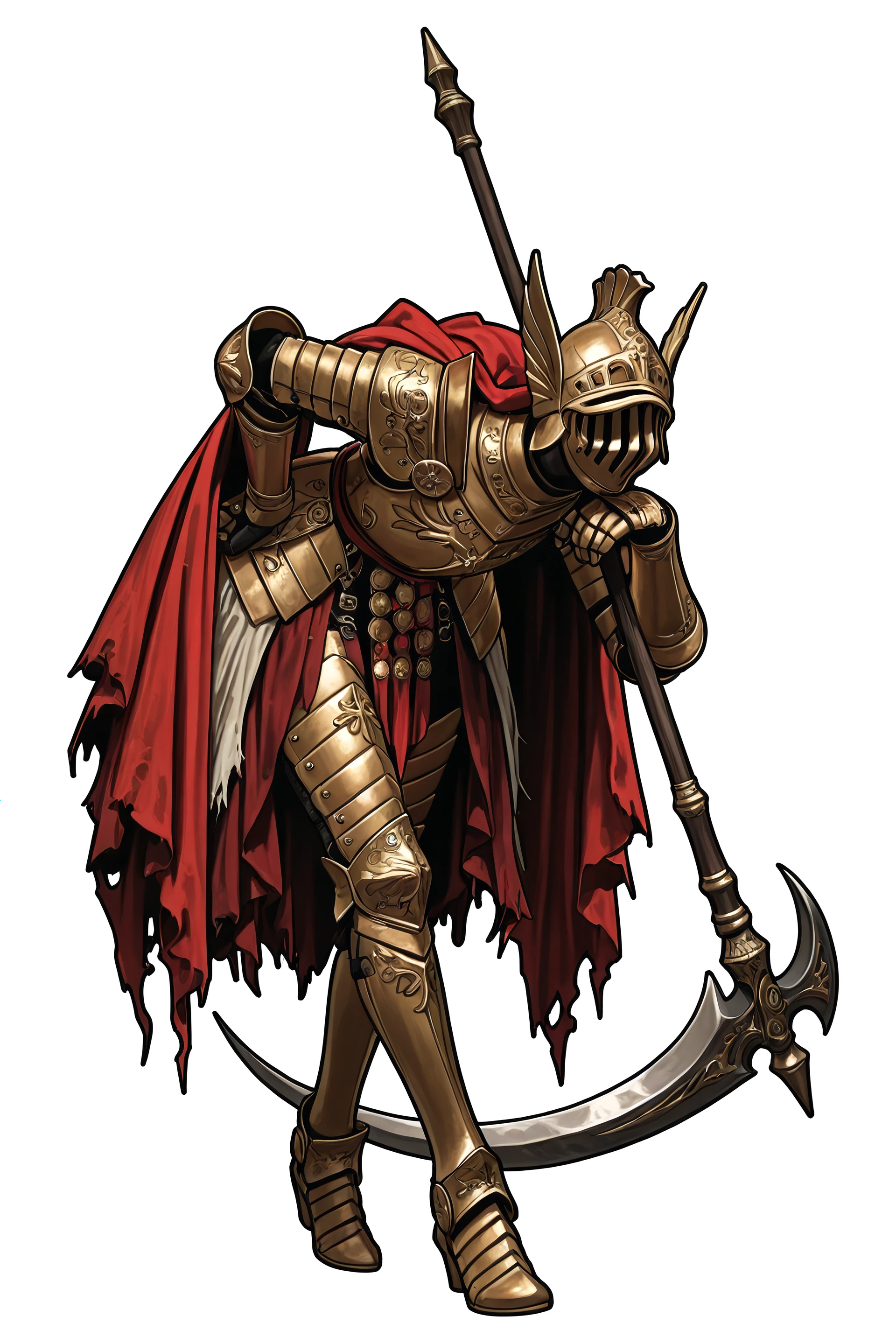 BREAK,
female, long legs, slim body, solo, Cleanrot Knight, Golden armor ,Scarlet cape, winged Helmet, Vertical slit visor helm, Golden plated helm, Ornate chest armor, Etched breastplate design, Heavy iron gauntlets, Gilded armored greaves, Scarlet cloth sash, White hanging tassels, Layered fabric skirt, Flowing red cape, Tattered battle cloak, Frayed crimson mantle, (leaning on long Curved war scythe, bend over, walking:1.4),
Knight of rot,
BREAK,
White background, black outline, <lora:Cleanrot_Knight:1>