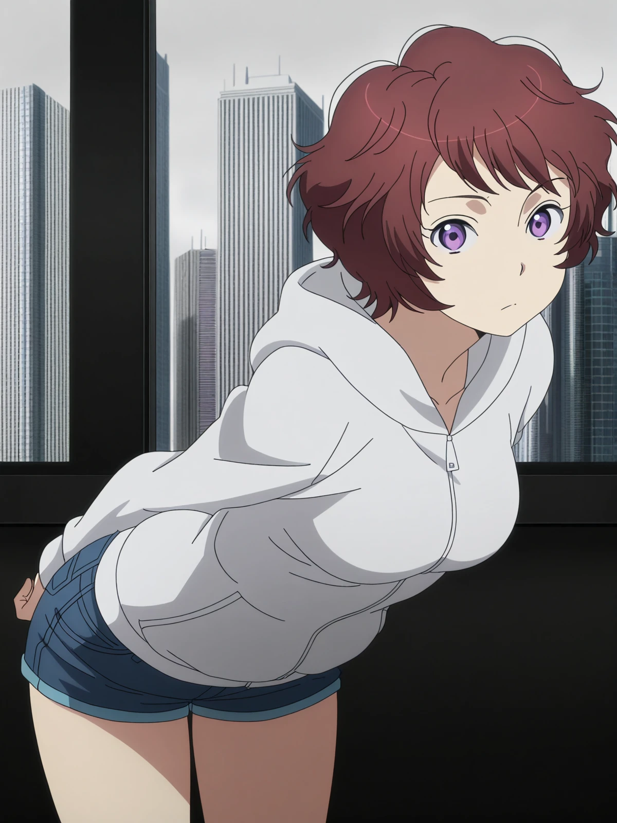 masterpiece, best quality, amazing quality,, <lora:rayet-areash-s1-illustriousxl-lora-nochekaiser:1>, rayet areash, short hair, brown hair, purple eyes, red hair, medium breasts, anime screencap,, hood, hoodie, shorts, denim shorts,, hands behind back, bent over,, skyscraper, tall, glass, modern, building, cowboy shot, solo, looking at viewer,