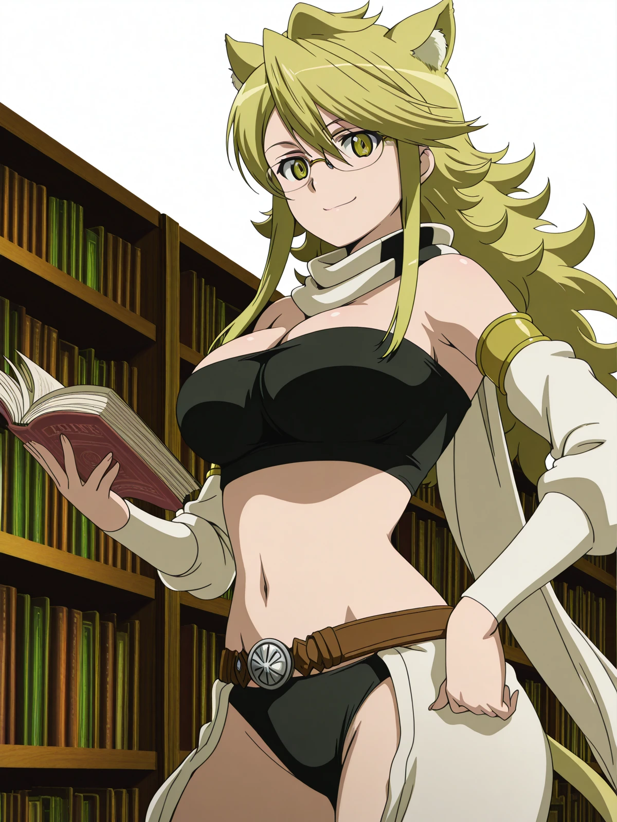 masterpiece, best quality, amazing quality,, <lora:agk-leone-s1-illustriousxl-lora-nochekaiser:1>, leone, blonde hair, animal ears, tail, yellow eyes, cat ears, cat tail, long hair, swept bangs, mature female, large breasts, anime screencap, scarf, white scarf, crop top, detached sleeves, bare shoulders, belt, 1girl, navel, cleavage, underwear, panties, midriff, black panties,, <lora:sailormars-pose-illustriousxl-lora-nochekaiser:1>, sailormars pose, solo, looking at viewer, smile, cowboy shot, hand on own hip,, library, reading books, glasses, quiet, focused, shelves of books, cowboy shot, solo, looking at viewer, <lora:transparent-background-illustriousxl-lora-nochekaiser:1>, transparent background, simple background, white background