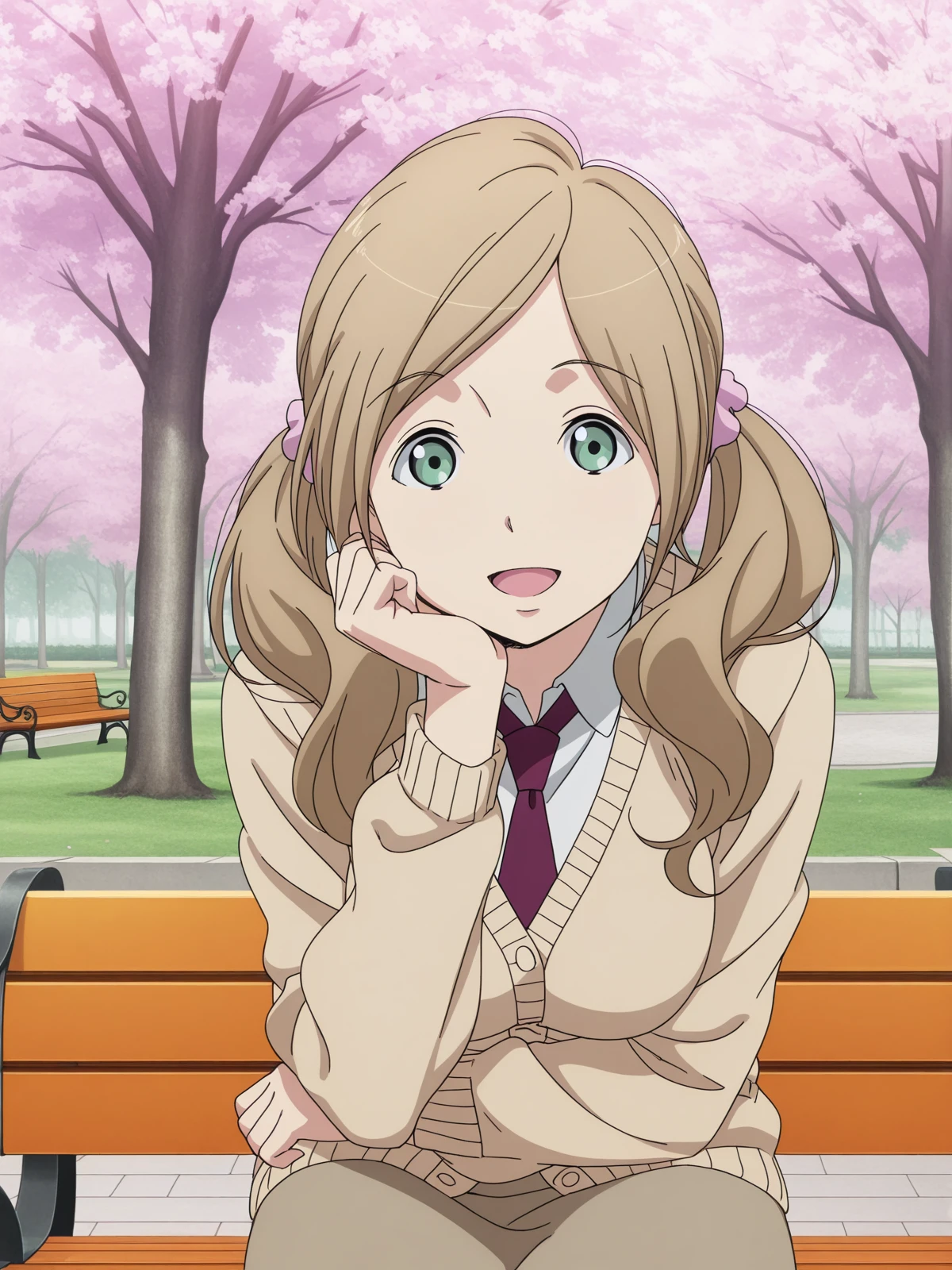 masterpiece, best quality, amazing quality,, <lora:nina-klein-s1-illustriousxl-lora-nochekaiser:1>, nina klein, long hair, brown hair, green eyes, twintails, scrunchie, mature female, medium breasts, anime screencap,, skirt, necktie, cardigan, necktie,, head rest, smile,, park, cherry blossoms, bench, gentle breeze, peaceful, running, open mouth, cowboy shot, solo, looking at viewer,