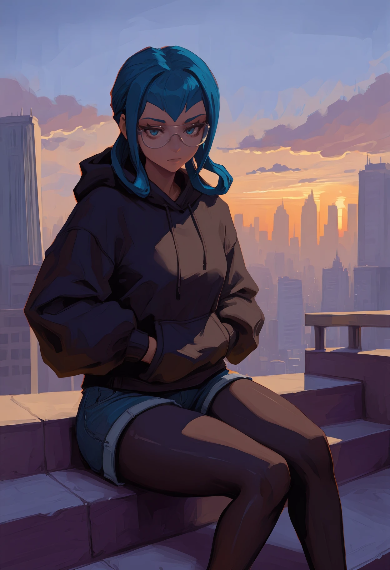 newest, painterly, feet out of frame, solo, 1girl, expressionless, looking at viewer, sitting, on stairs, hands in pockets, long hair, blue hair, hair rings, blue eyes, eyelashes, glasses, black hoodie, hood down, drawstring, puffy long sleeves, blue shorts, denim shorts, short shorts, black pantyhose, outdoors, sunset, cloud, cityscape, building, skyscraper
<segment:yolo-Anzhc Face seg 640 v3 y11n.pt,0.5,0.5//cid=11>