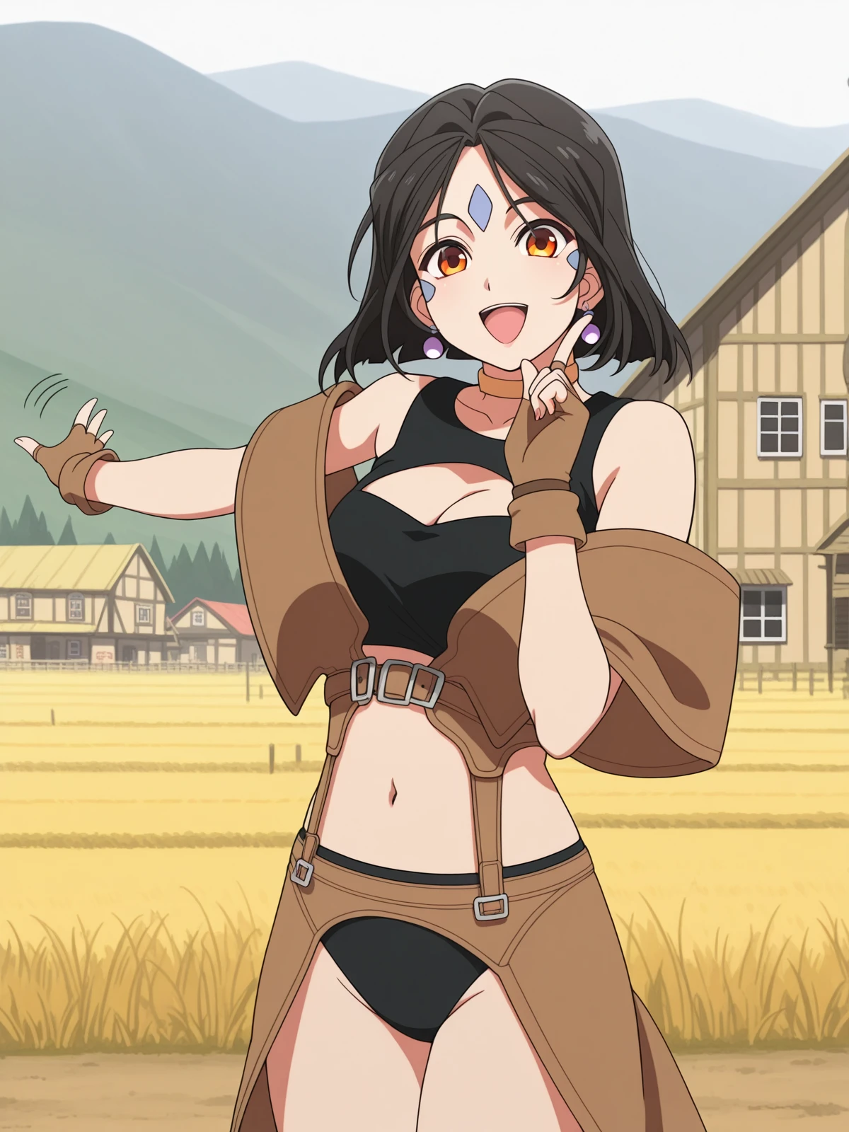 masterpiece, best quality, amazing quality,, <lora:peorth-s2-illustriousxl-lora-nochekaiser:1>, peorth, short hair, black hair, facial mark, forehead mark, orange eyes, mature female, medium breasts, anime screencap,, gloves, navel, cleavage, jewelry, earrings, choker, midriff, fingerless gloves, clothing cutout, cleavage cutout,, <lora:hoshino-ruby-dance-illustriousxl-lora-nochekaiser:1>, hoshino ruby dance, finger wagging, index finger raised, dancing, outstretched arm, cowboy shot, smile, open mouth,, rural, fields, houses, countryside, quiet, cowboy shot, solo, looking at viewer,