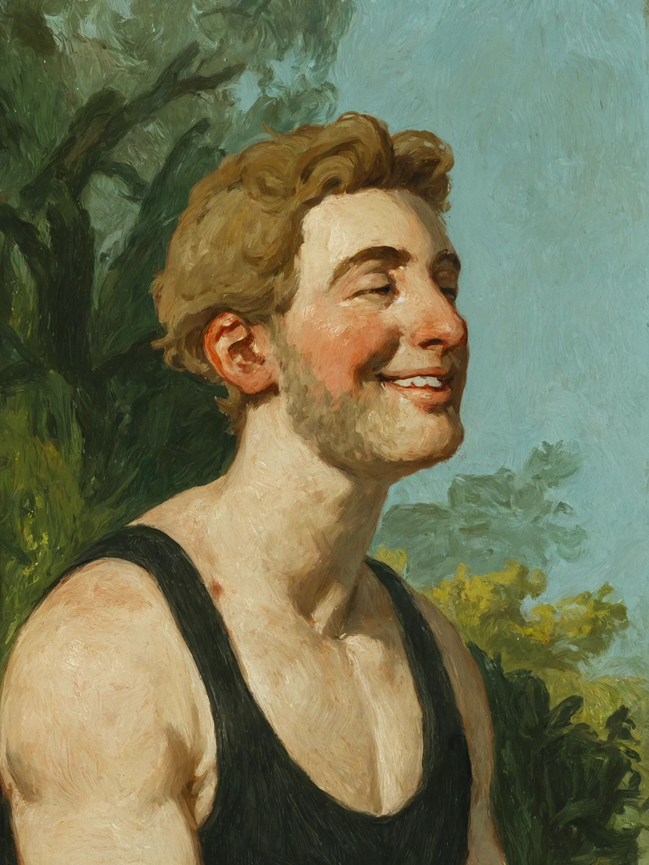 oil painting, traditional medium, score_9, score_8_up, score_7_up, rating_safe, 1boy, solo, smile, black singlet, nature, canvas texture, visible brushstrokes, loose brushwork, painterly, textural, artistic
