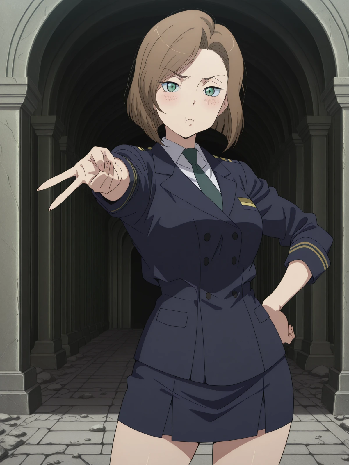 masterpiece, best quality, amazing quality,, <lora:darzana-magbaredge-s1-illustriousxl-lora-nochekaiser:1>, darzana magbaredge, short hair, brown hair, green eyes, mole, mature female, medium breasts, anime screencap, necktie, uniform, formal, suit, <lora:gyaru-v-illustriousxl-lora-nochekaiser:1>, gyaruv, solo, looking at viewer, blush, closed mouth, cowboy shot, hand on own hip, v, pout,, aqueduct, water, stone, arches, ancient, cowboy shot, solo, looking at viewer,