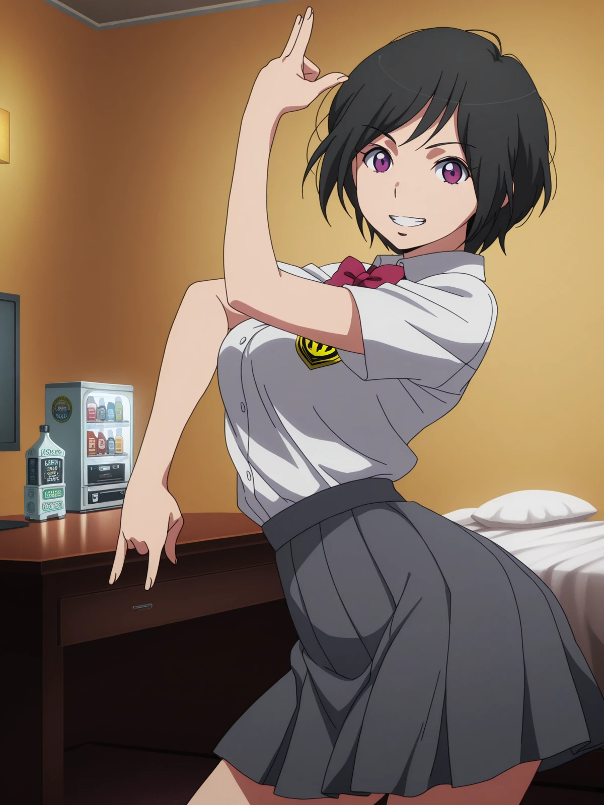 masterpiece, best quality, amazing quality,, <lora:inko-amifumi-s1-illustriousxl-lora-nochekaiser:1>, inko amifumi, short hair, black hair, purple eyes, mature female, medium breasts, anime screencap,, skirt, shirt, bow, white shirt, short sleeves, pleated skirt, bowtie, red bow, dress shirt, grey skirt, <lora:killer-queens-pose-illustriousxl-lora-nochekaiser:1>, killer queens pose, killer queens's pose (jojo), jojo pose, arm up, hand up, \n/, double \n/, arm down, hand down, grin, arched back, bent over, cowboy shot, hotel room, bed, desk, mini_fridge, room_service, cowboy shot, solo, looking at viewer,