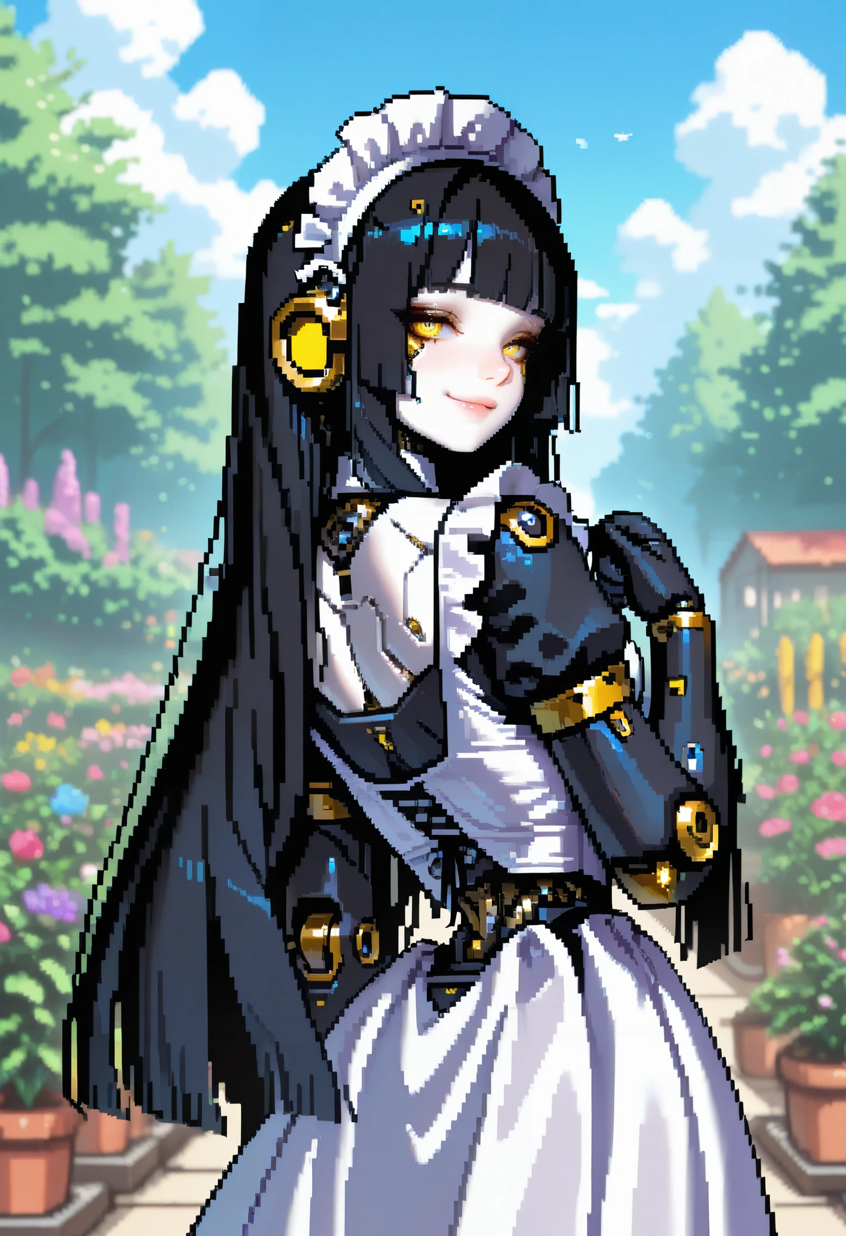 masterpiece, very aesthetic, best quality, absurdres, newest,
<lora:ILJABlH:1>
JABlH, 1girl, black hair, maid headdress, yellow eyes, long hair, sidelocks, robot ears, android, blunt bangs