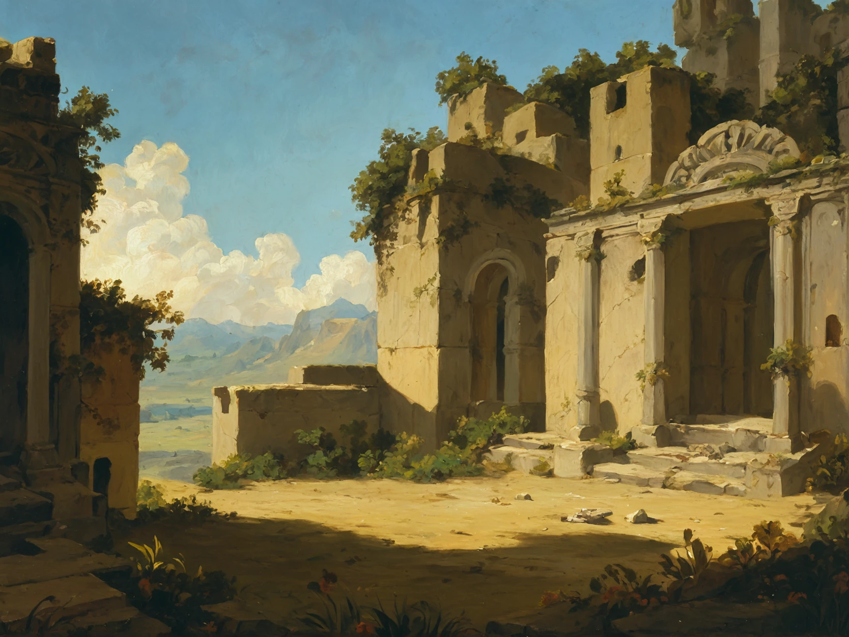 oil painting, traditional medium, score_9, score_8_up, score_7_up, rating_safe, landscape, ancient ruins, canvas texture