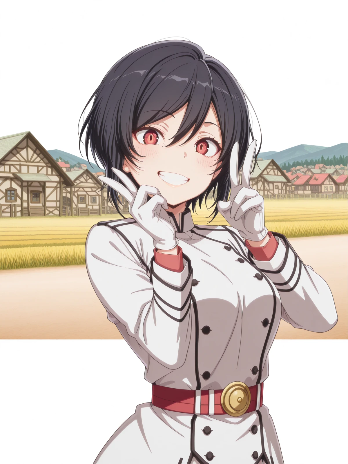 masterpiece, best quality, amazing quality,, <lora:akudama-apprentice-s1-illustriousxl-lora-nochekaiser:1>, apprentice, short hair, black hair, red eyes, hair between eyes, mature female, medium breasts, anime screencap, gloves, belt, white gloves, uniform, military, military uniform,, <lora:amane-himeno-photoshoot-illustriousxl-lora-nochekaiser:1>, amane himeno photoshoot, solo, looking at viewer, blush, smile, teeth, grin, v, portrait, close-up, double v,, village, houses, community, rural, farms, cowboy shot, solo, looking at viewer, <lora:transparent-background-illustriousxl-lora-nochekaiser:1>, transparent background, simple background, white background