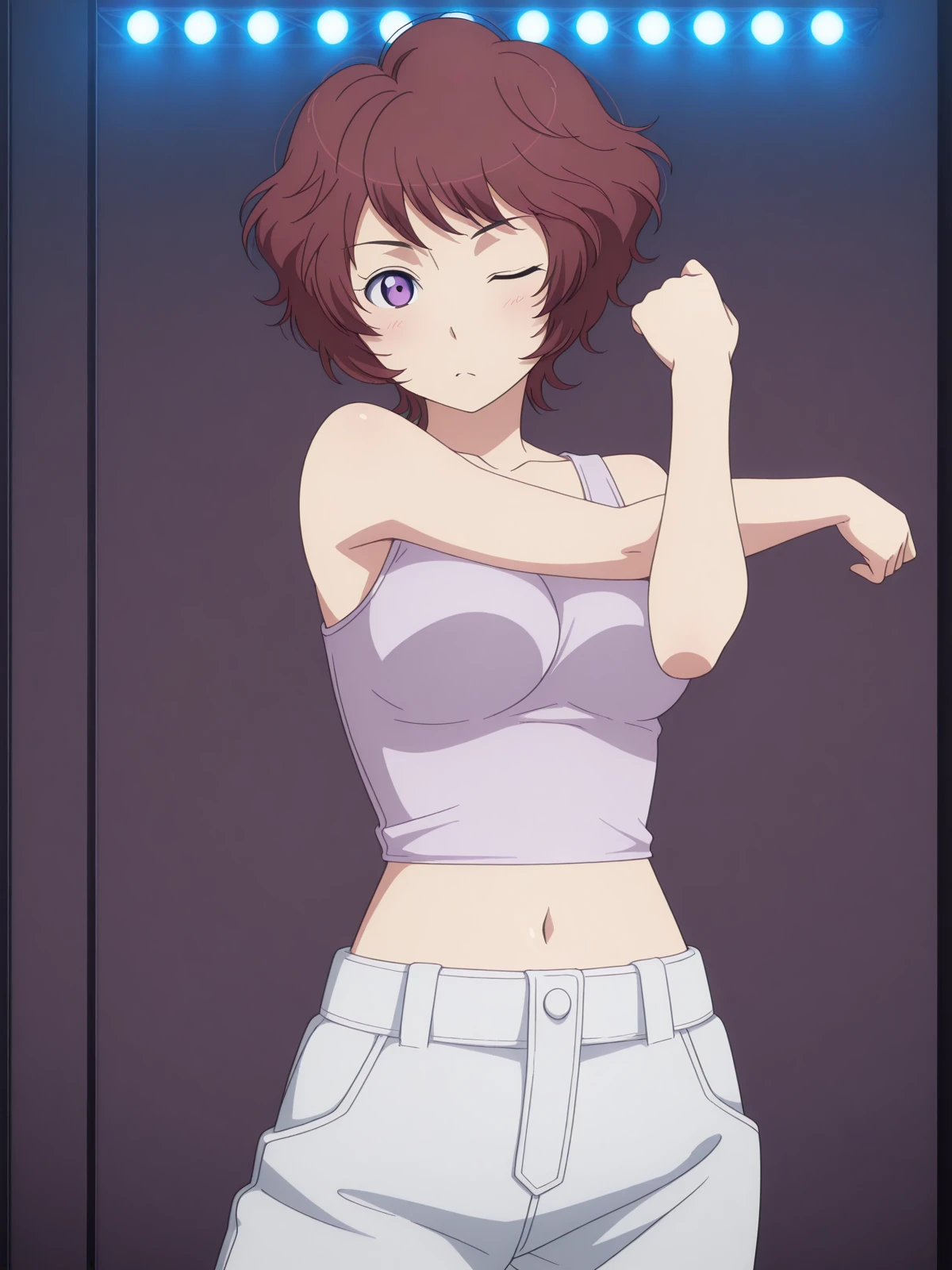 masterpiece, best quality, amazing quality,, <lora:rayet-areash-s1-illustriousxl-lora-nochekaiser:1>, rayet areash, short hair, brown hair, purple eyes, red hair, medium breasts, anime screencap,, collarbone, midriff, tank top, jumpsuit, <lora:cross-body-stretch-illustriousxl-lora-nochekaiser:1>, cross-body stretch, stretching, arm across chest, exercising, cowboy shot, blush, one eye closed, nightclub, lights, music, dance, drinks, cowboy shot, solo, looking at viewer, <lora:transparent-background-illustriousxl-lora-nochekaiser:1>, transparent background, simple background, white background