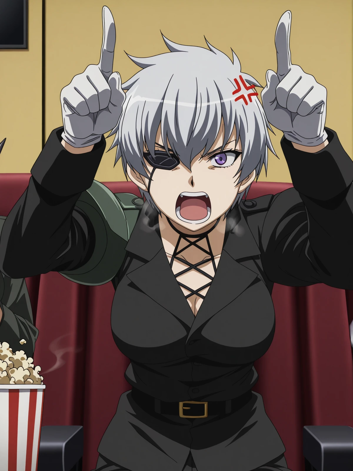 masterpiece, best quality, amazing quality,, <lora:agk-najenda-s1-illustriousxl-lora-nochekaiser:1>, najenda, short hair, purple eyes, grey hair, eyepatch, mature female, medium breasts, anime screencap, gloves, belt, white gloves, uniform, military, military uniform,, <lora:horns-pose-illustriousxl-lora-nochekaiser:1>, horns pose, index fingers raised, angry, steam, open mouth, shouting, anger vein, cowboy shot, hands up,, movie theater, screen, seats, popcorn, film, cowboy shot, solo, looking at viewer,