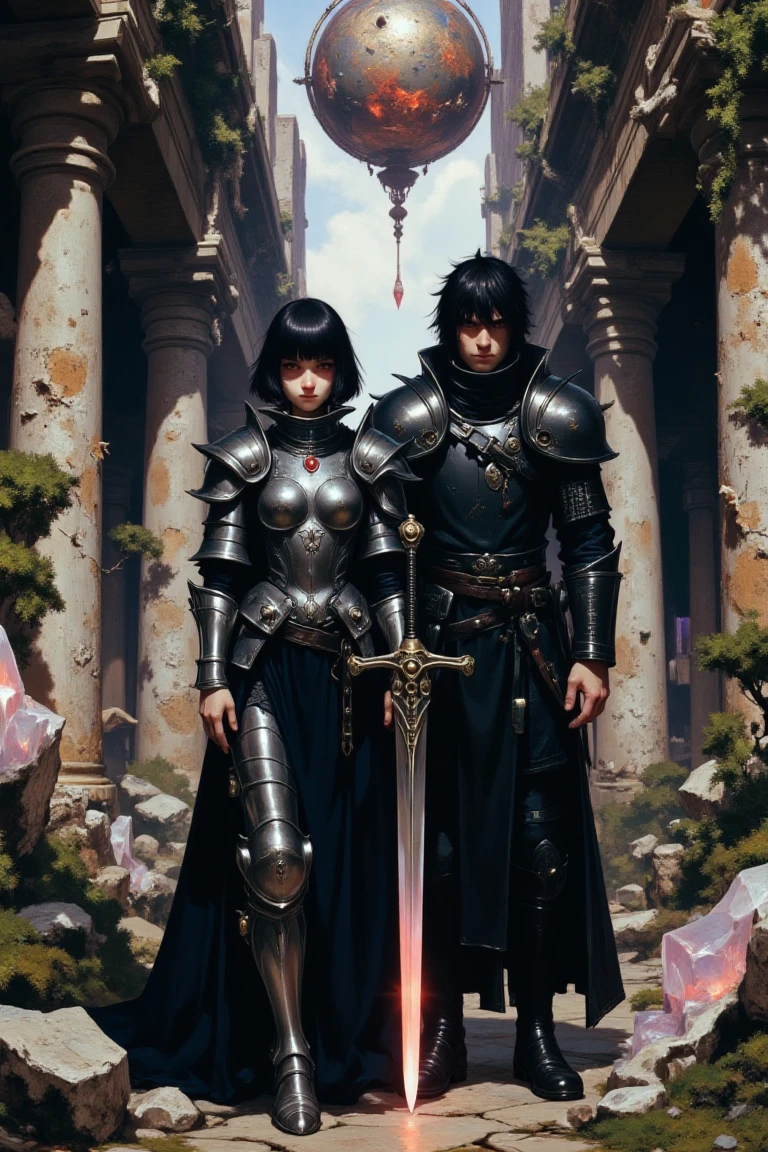 portpaintstudy, A hyper-realistic digital portrait of a female knight with tanned skin, short black hair, and a calm expression, dressed in a combination of chrome armor and flowing medieval robes, inspired by Saber from Fate/stay night. She stands next to a tall, muscular male knight with long dark hair and a scar across his cheek, inspired by Kirito from Sword Art Online. They stand in an ancient, overgrown temple with pillars crumbling from age, but still grand in their majesty. The floor is covered with moss, and strange ethereal light from glowing crystals illuminates the scene. The man holds a massive sword, while the woman’s sword glows faintly. Above them, an ancient celestial clock suspended in the air marks time, as if the temple itself holds secrets beyond time.