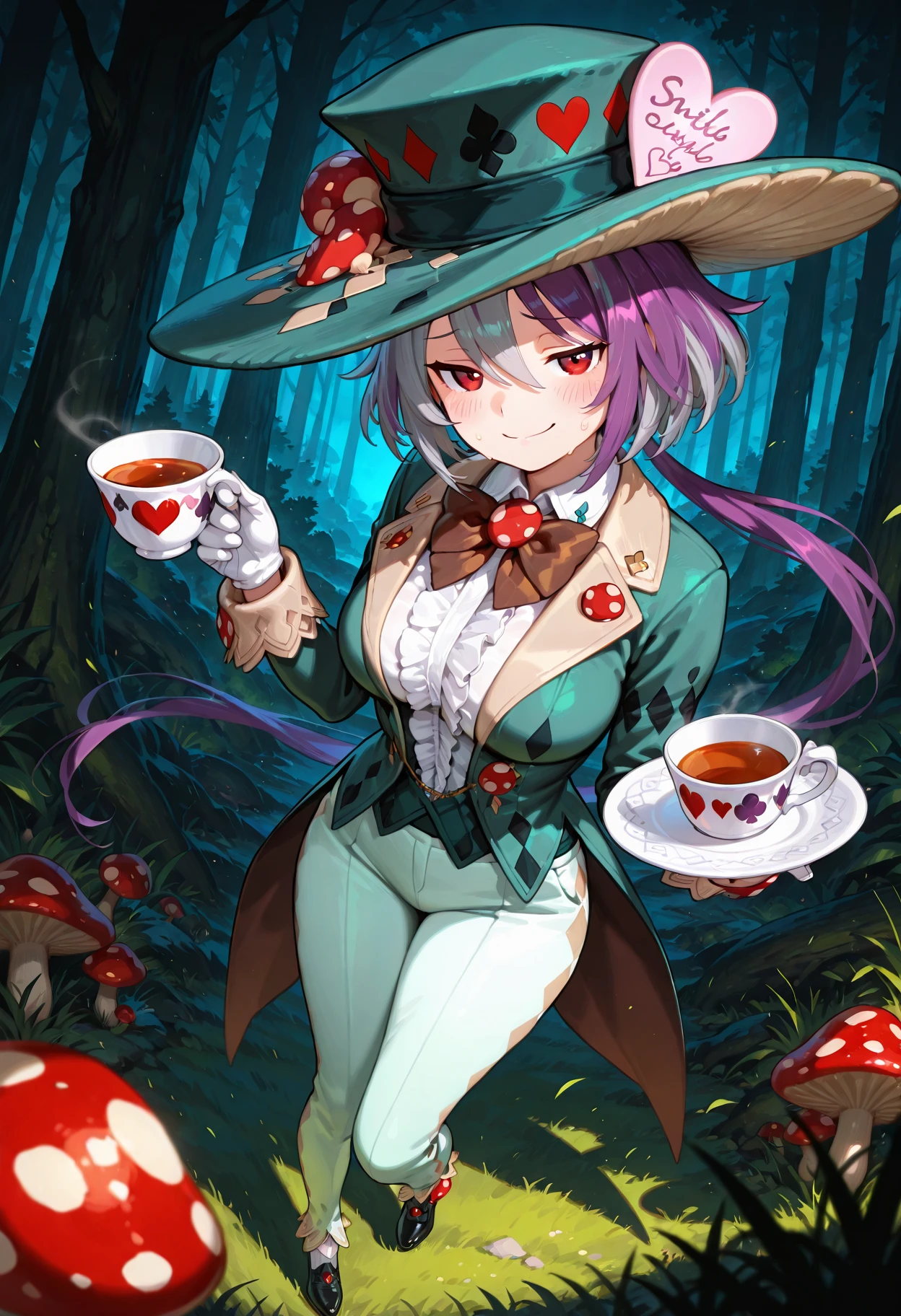masterpiece, best quality, amazing quality, absurdres, soft,
1girl, 20yo, solo,
madhattermge, mushroom, green suit, holding teacup, brown bowtie, long hair, argyle, red eyes, purple hair, white undershirt, light green pants, long sleeves, white gloves, heart hat ornament, hair between eyes, ponytail, black shoes, center frills, low ponytail, tailcoat, green top hat, holding plate, two-tone hair, grey hair, socks,
sweat, blush, smug,
full body,
depth of field, giant mushroom, grass, forest,
looking at viewer, cinematic, volumetric lighting, dynamic shadows, dark background, dark,
dynamic angle, dynamic pose, foreshortening, perspective,
<lora:StS-Illustrious-Detail-Slider-v1.0:3>, <lora:illustrious_quality_modifiers_masterpieces_v1:0.5>,<lora:Dramatic Lighting Slider:1.7>
<lora:madhattermge-000006:0.8>