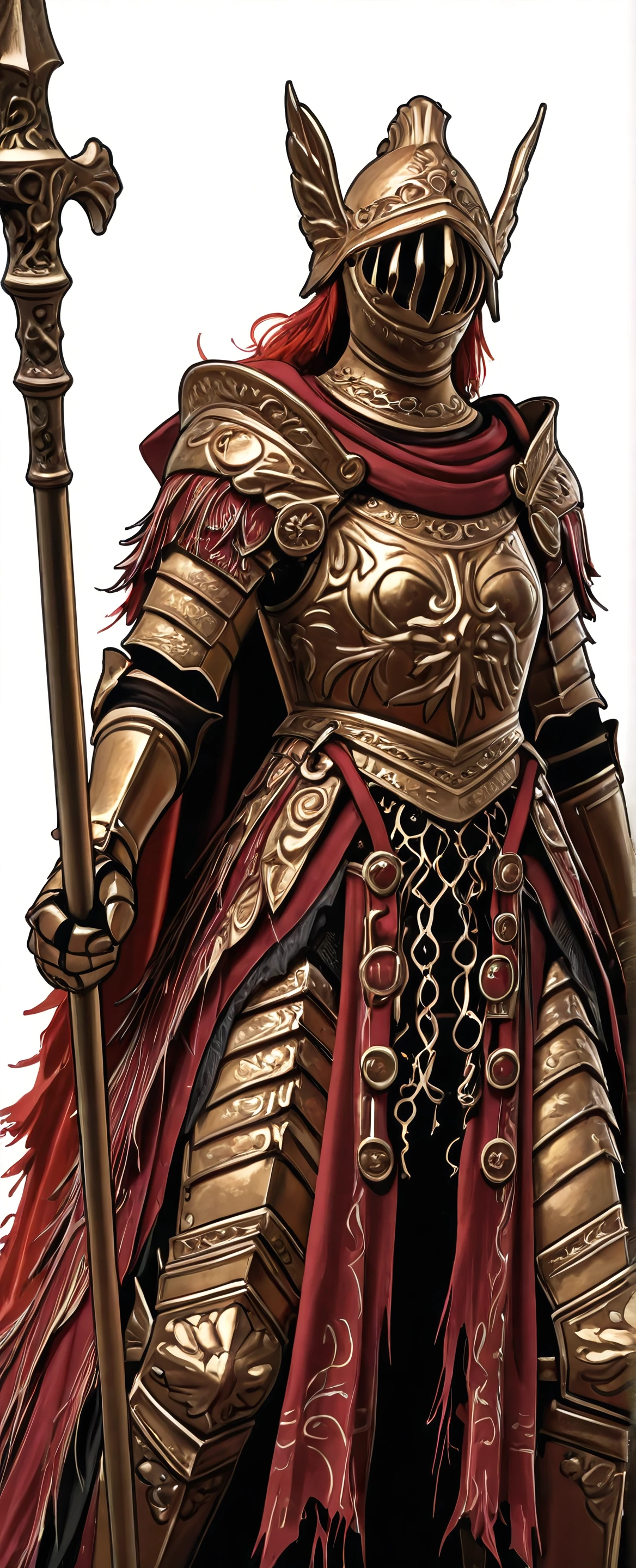 Female, feminine, breasts, solo, (head closeup), elden ring, Cleanrot Knight, Golden armor ,Scarlet cape, (winged Helmet, Vertical slit visor helm, Golden plated helm), Ornate chest armor, Etched breastplate design, Heavy iron gauntlets, Gilded armored greaves, Scarlet cloth sash, White hanging tassels, Layered fabric skirt, Flowing red cape, Tattered battle cloak, Frayed crimson mantle, golden spear, holding spear, battle pose, dynamic movement,
BREAK,
White background, black outline, <lora:Cleanrot 3:1>