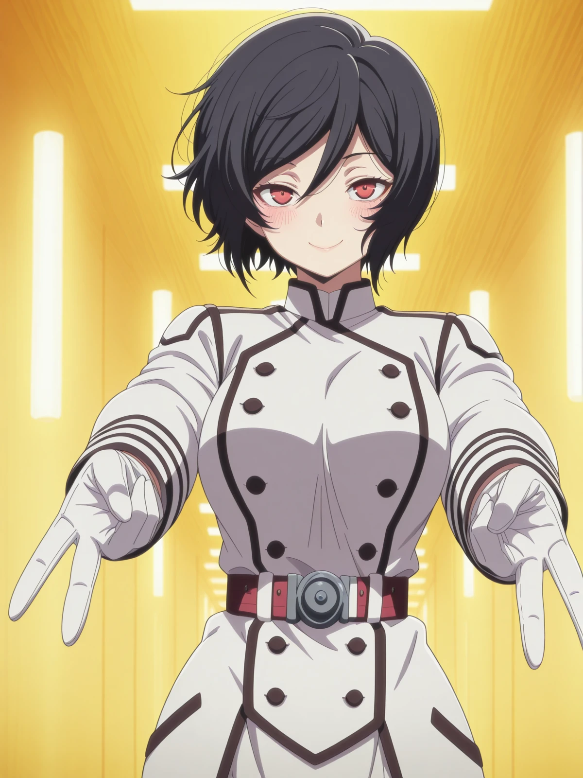 masterpiece, best quality, amazing quality,, <lora:akudama-apprentice-s1-illustriousxl-lora-nochekaiser:1>, apprentice, short hair, black hair, red eyes, hair between eyes, mature female, medium breasts, anime screencap, gloves, belt, white gloves, uniform, military, military uniform,, <lora:double-gyaru-v-illustriousxl-lora-nochekaiser:1>, doublegyaruv, solo, looking at viewer, blush, smile, closed eyes, standing, cowboy shot, double v,, runway, landing, lights, speed, takeoff, cowboy shot, solo, looking at viewer,