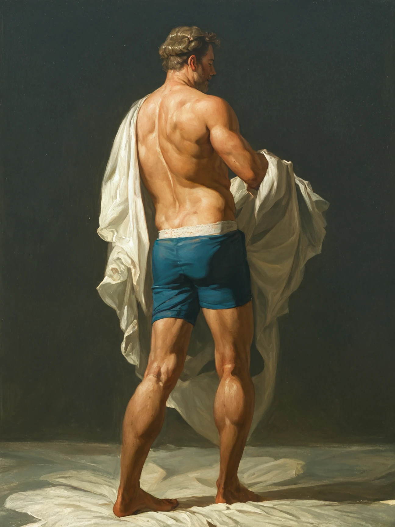 oil painting, traditional medium, score_9, score_8_up, score_7_up, rating_safe, 1man, mature male, solo, naturalism, nudism,  only, barefoot, dark background, from back, artistic, canvas texture