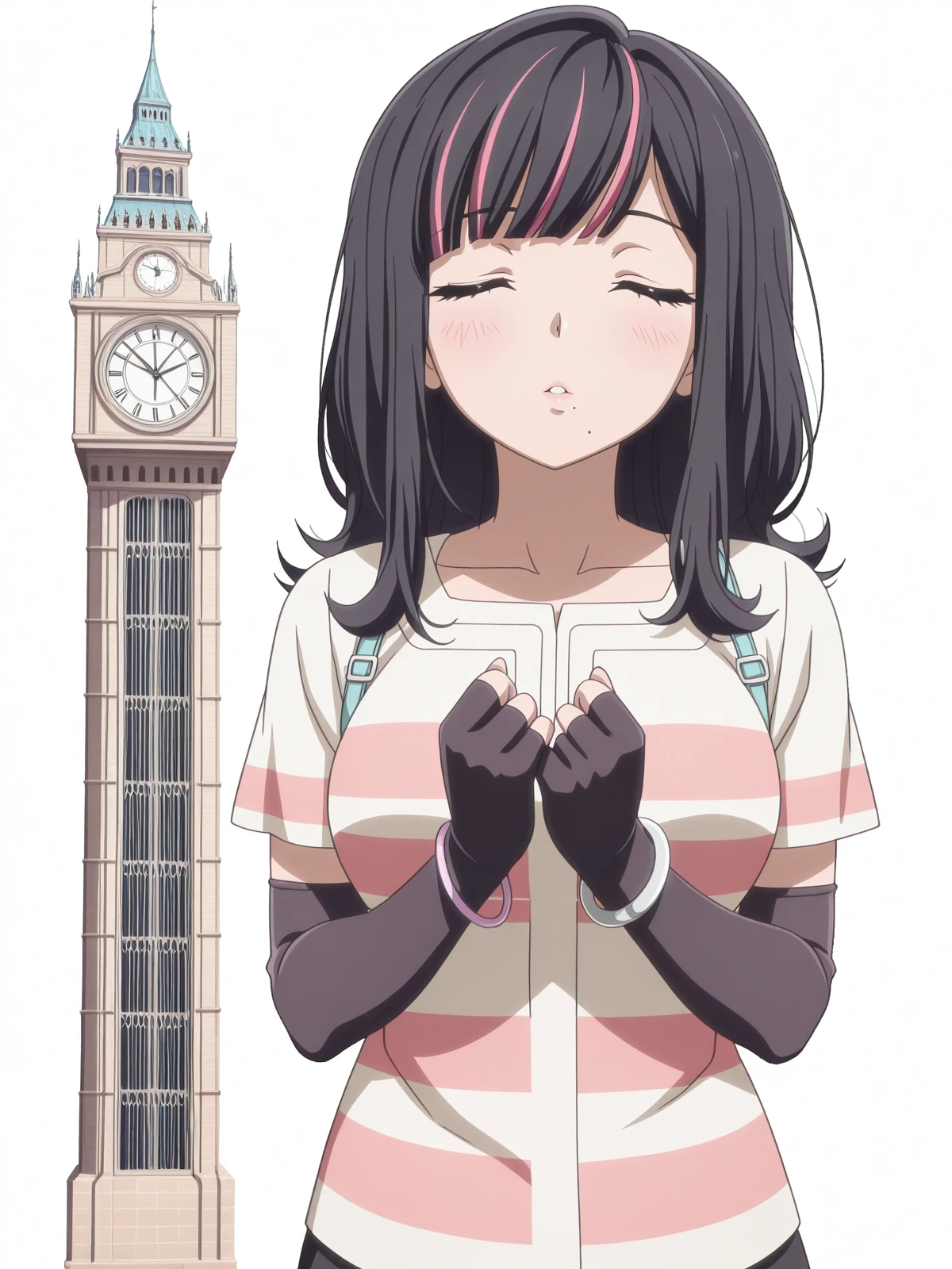 masterpiece, best quality, amazing quality,, <lora:akudama-swindler-s1-illustriousxl-lora-nochekaiser:1>, swindler, bangs, black hair, purple eyes, pink hair, multicolored hair, mole, two-tone hair, streaked hair, mole under mouth, mature female, medium breasts, anime screencap, shirt, gloves, jewelry, black gloves, elbow gloves, striped, fingerless gloves, bracelet,, <lora:incoming-kiss-illustriousxl-lora-nochekaiser:1>, incoming kiss, closed eyes, blush, pov, upper body, clock tower, clock, height, landmark, hands, cowboy shot, solo, looking at viewer, <lora:transparent-background-illustriousxl-lora-nochekaiser:1>, transparent background, simple background, white background