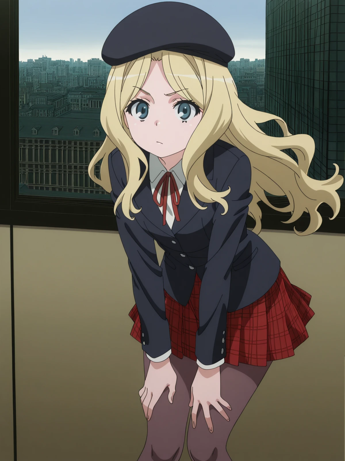 masterpiece, best quality, amazing quality,, <lora:frenda-seivelun-s3-illustriousxl-lora-nochekaiser:1>, frenda seivelun, long hair, blonde hair, black eyes, anime screencap, skirt, hat, ribbon, jacket, pantyhose, plaid, beret, plaid skirt, blazer,, hands on own knees, Buildings, architecture, man_made, urban, interior, cowboy shot, solo, looking at viewer,