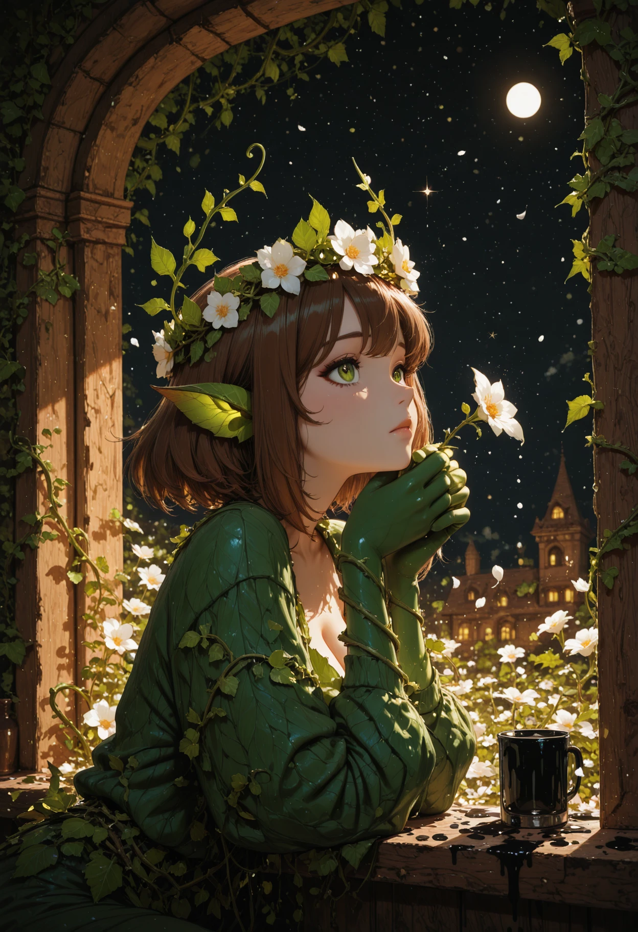 newminimalismcore, masterpiece, best quality,  dryad, flower_crown, leaf_outfit, ivy_gloves, short_brown_hair, leaf_ears green_eyes,  1girl, Retro Anime Style, Depth of Field Focus, Mansion, secret passage, skater girl, pajamas, ripped jeans, oversized sweater, windowsill, fox mask, stoic warrior, nervous stammering mouth, casual, cozy, mysterious, hidden world, adventure awaits, ink-lined outline, hair painted in loose flowing brushstrokes, silky robe defined by golden inlays, soft shimmering highlight on lips and neckline, slightly abstracted facial features, [hand-painted mediterranean balcony with expressive linework, flowers in gilded accents, sun rendered in soft gold texture, (gold edge glow:1.3), (handmade brush texture:1.0), (bleeding watercolor shadows:0.8)], from side angle, paper-textured background, high-contrast organic lines with ethereal softness, star, glass, wall, transparent, dark sky, large, monochrome, (ghost trail effect:0.7), close-up::1, black and white, (void shimmer:1.0), (ink bleed effect:1.2), (architectural silence:0.8),