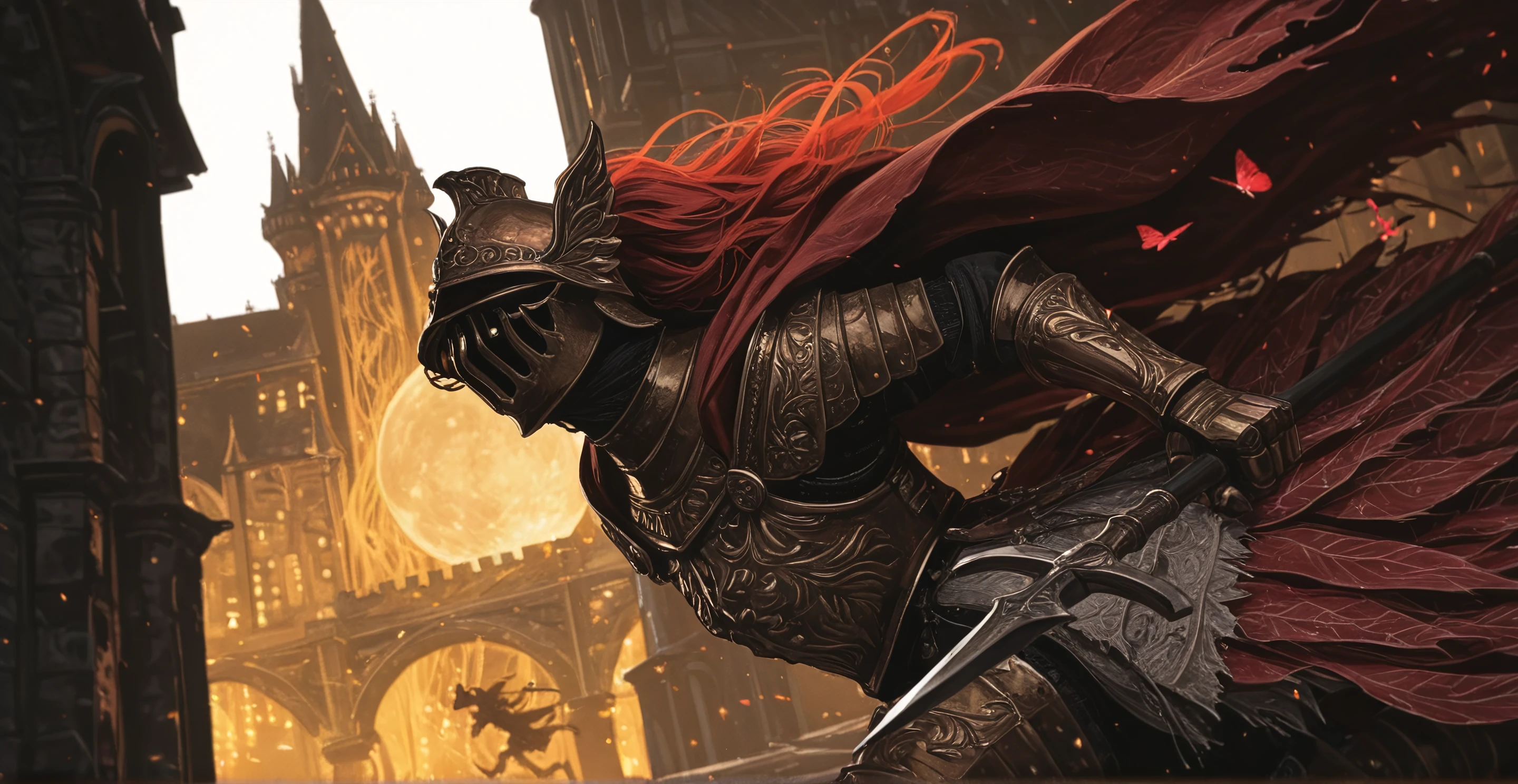 (((hyper realistic))), detailed, realistic volumetric lighting, realistic background, high quality, perfect resolution, movie shot, absurdres, high quality, masterpiece, best quality, amazing quality, very aesthetic, absurdres, newest, pixelsketcher, 4s0r4, Kenorland, kenorland, Lambdapen, 
BREAK,
Female, Curvy, very tall, busty, long arms, solo, elden ring, Cleanrot Knight, Golden armor, Scarlet cape, (small visor on the helmet, curvy Vertical slit visor helm), Ornate chest armor, Etched breastplate design, Heavy iron gauntlets, Gilded armored greaves, Scarlet cloth sash, White hanging tassels, white Layered fabric skirt, Flowing twin cape, Tattered battle cloak, Frayed crimson mantle, 
BREAK,
(Running, dynamic pace, portrait, head focus:1.5), holding one Spear and one sword,
BREAK, 
City at night background, detailed background, warm lights, scarlett rot city, street, castle, giant golden tree in the background, cinematic lighting, night, moon, moonlight, plants, scarlett leaf trees, medieval city,  mist, crimson butterflies, BREAK, <lora:ILXL_Realism_Slider_v1 by klaabu @ civitai.com - thanks, cunt!:3> IllusP0s cr1sp F4st <lora:69yottea_illu_v2:0.7> 69yottea_style_illu,BREAK,White background, <lora:Cleanrot 3:1>