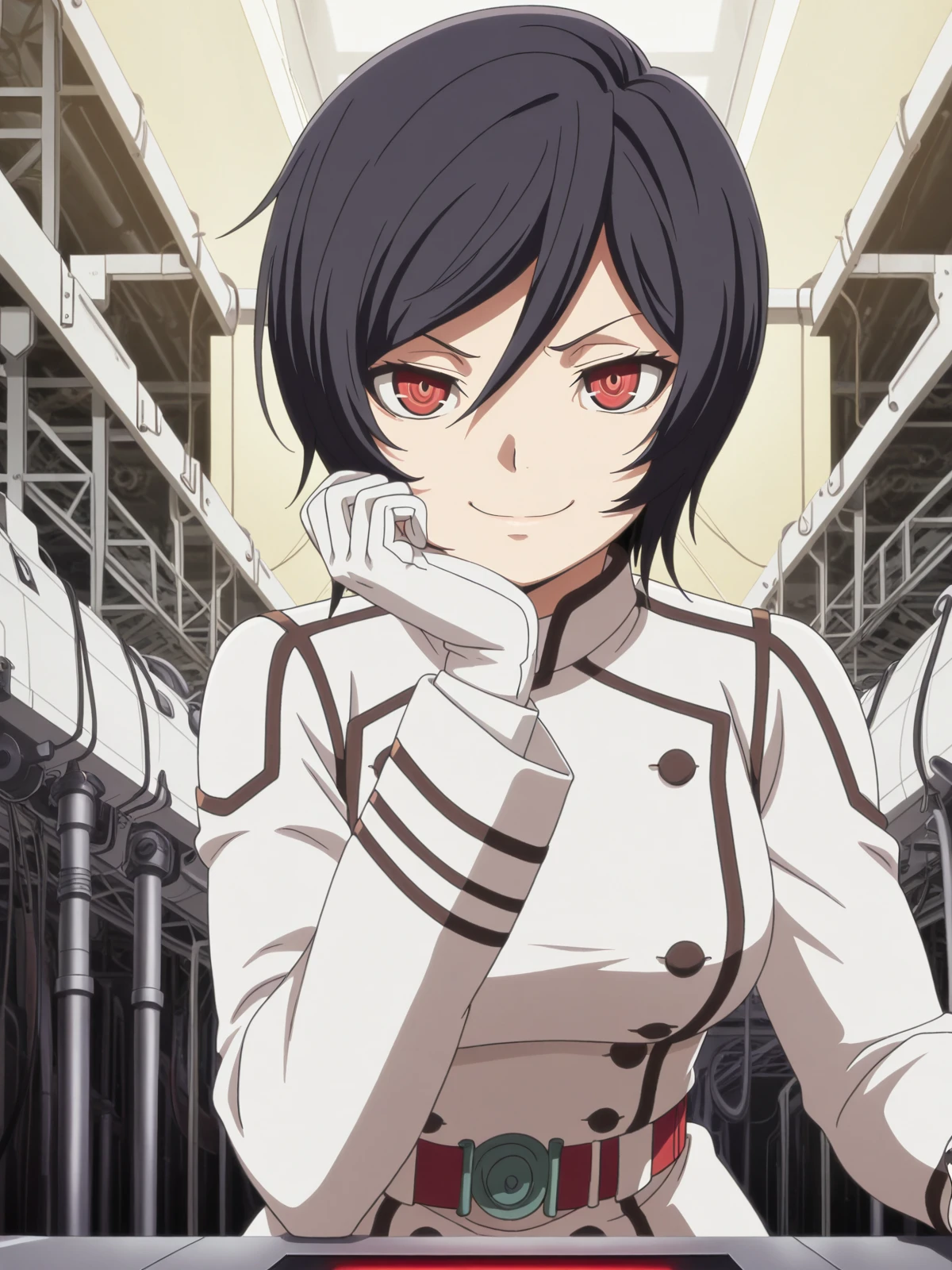 masterpiece, best quality, amazing quality,, <lora:akudama-apprentice-s1-illustriousxl-lora-nochekaiser:1>, apprentice, short hair, black hair, red eyes, hair between eyes, mature female, medium breasts, anime screencap, gloves, belt, white gloves, uniform, military, military uniform,, head rest, smug, factory, machines, workers, assembly, production, cowboy shot, solo, looking at viewer,